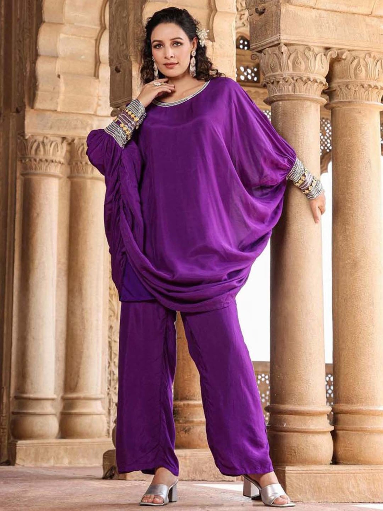 SCAKHI Purple Embellished Tunic Pant Set With Camisole