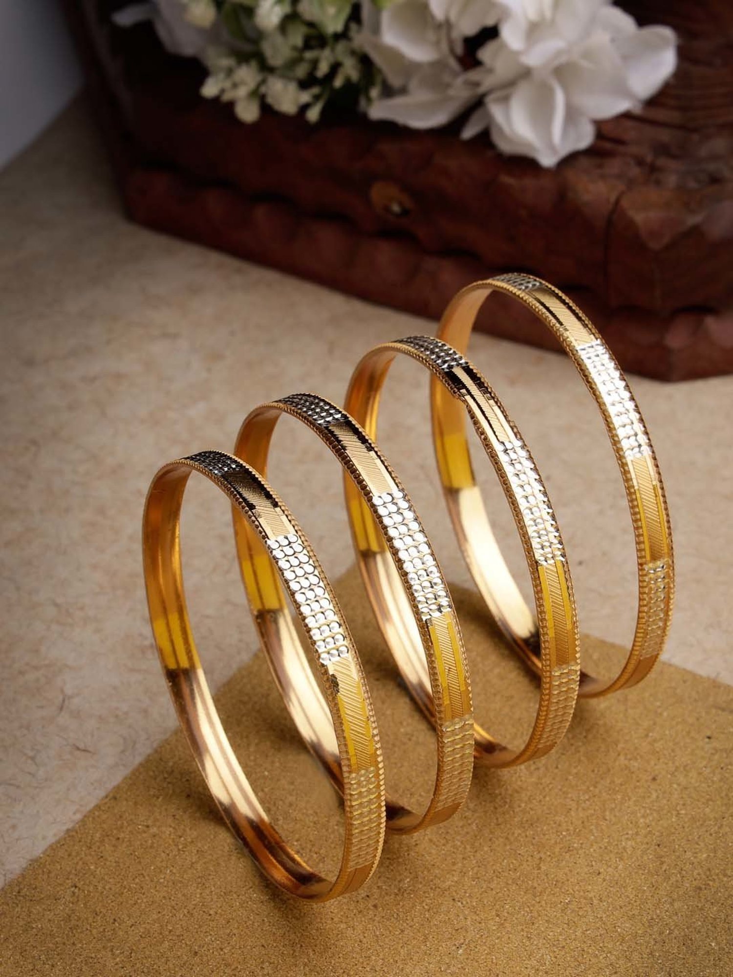 NVR Gold-Plated CZ-Studded Traditional Bangles for Women - Set of 4