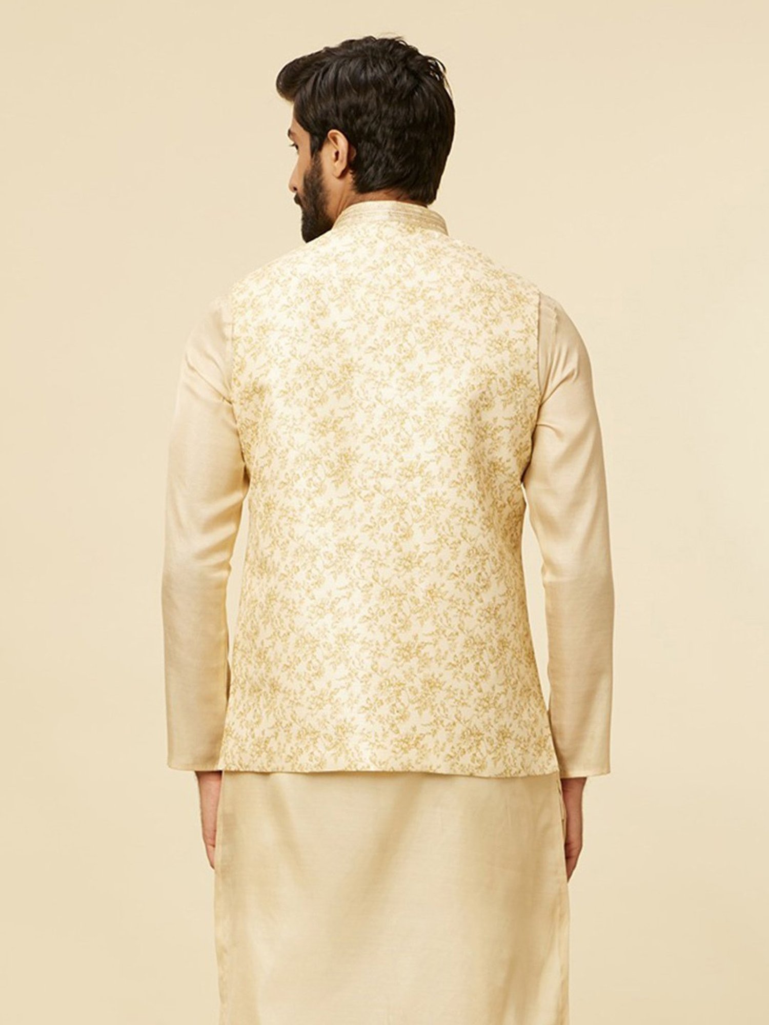 Manyavar Light Beige Regular Fit Printed Nehru Jacket