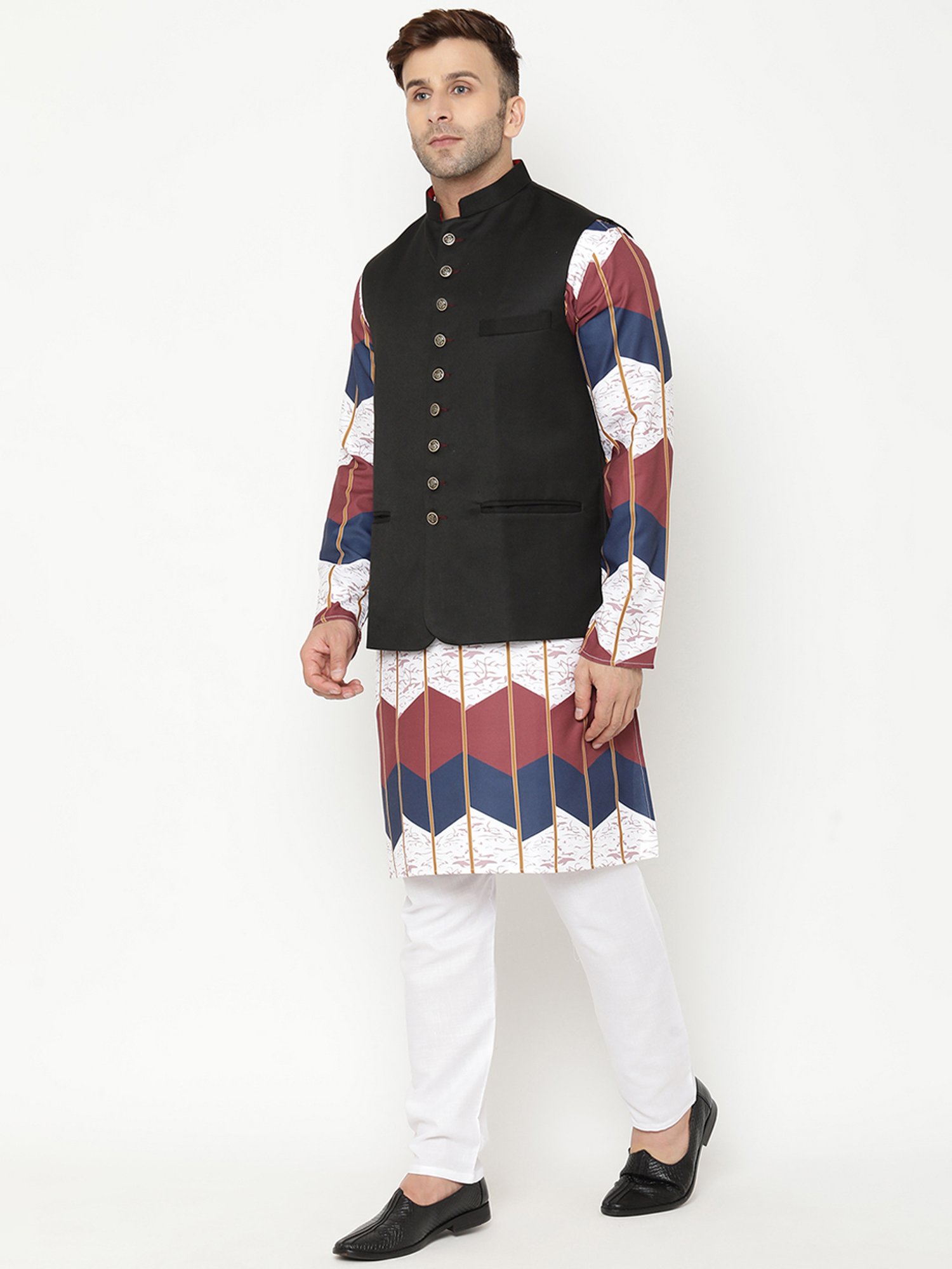 Hangup Maroon & White Regular Fit Printed Kurta Bottom & Jacket Set
