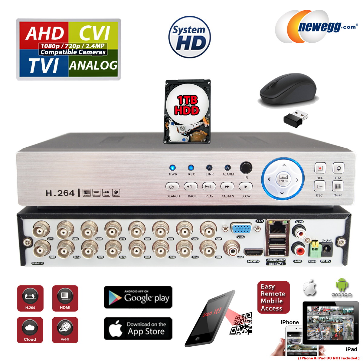 Evertech HD H.265 16 Channel Hybrid DVR Security Recorder with 1TB Hard Drive, Compatible with AHD/TVI/CVI/Analog Cameras