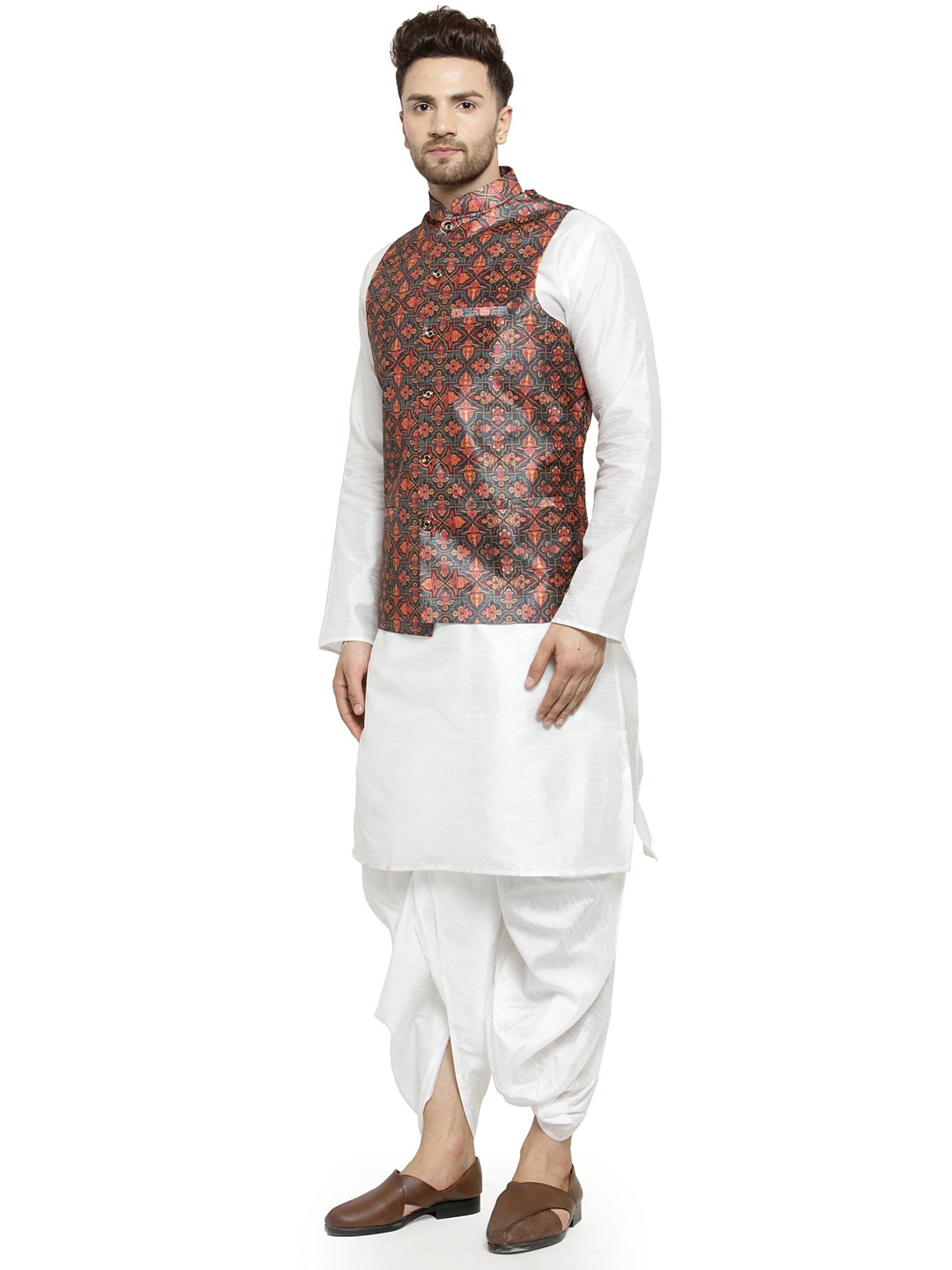 Benstoke White & Dark Green Regular Fit Paisley Kurta Set With Jacket