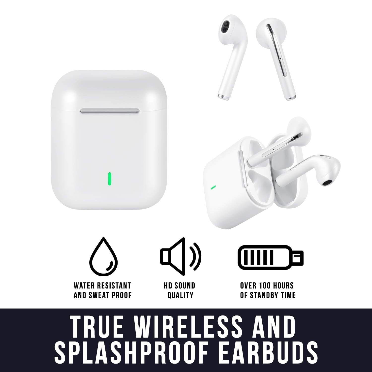 Dartwood True Wireless Earbuds - Portable Splashproof Headphones with Bluetooth Connectivity, Immersive Sound, Mic and Volume Control (White)