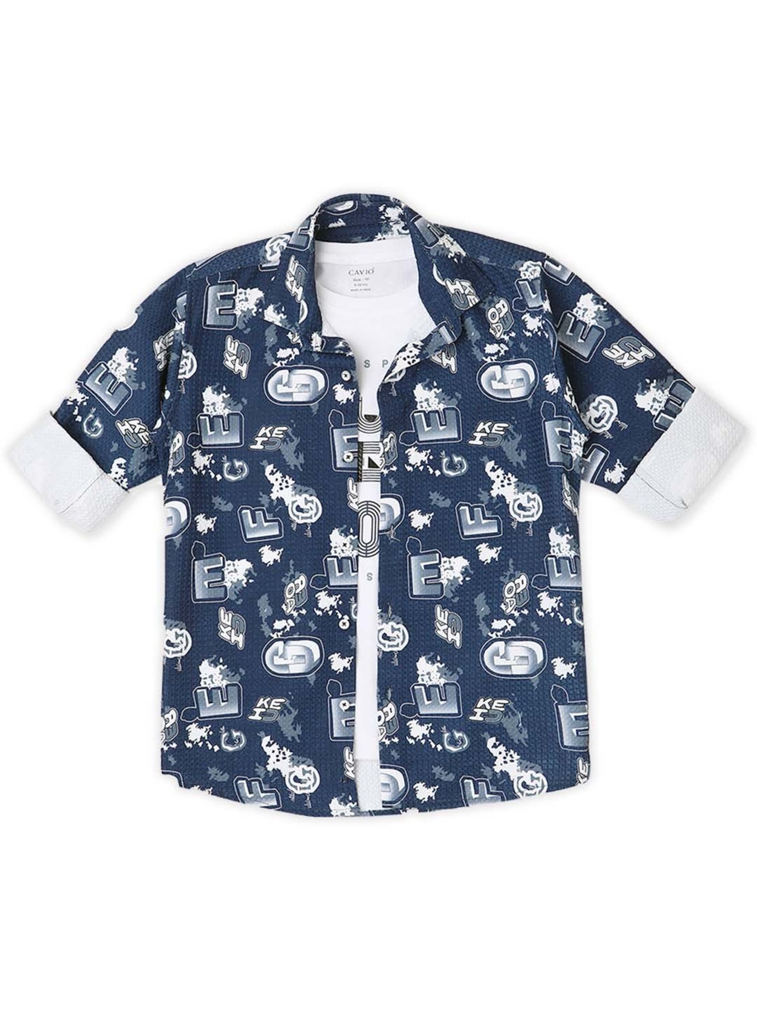Cavio Kids Navy & White Cotton Printed Full Sleeves Shirt Set