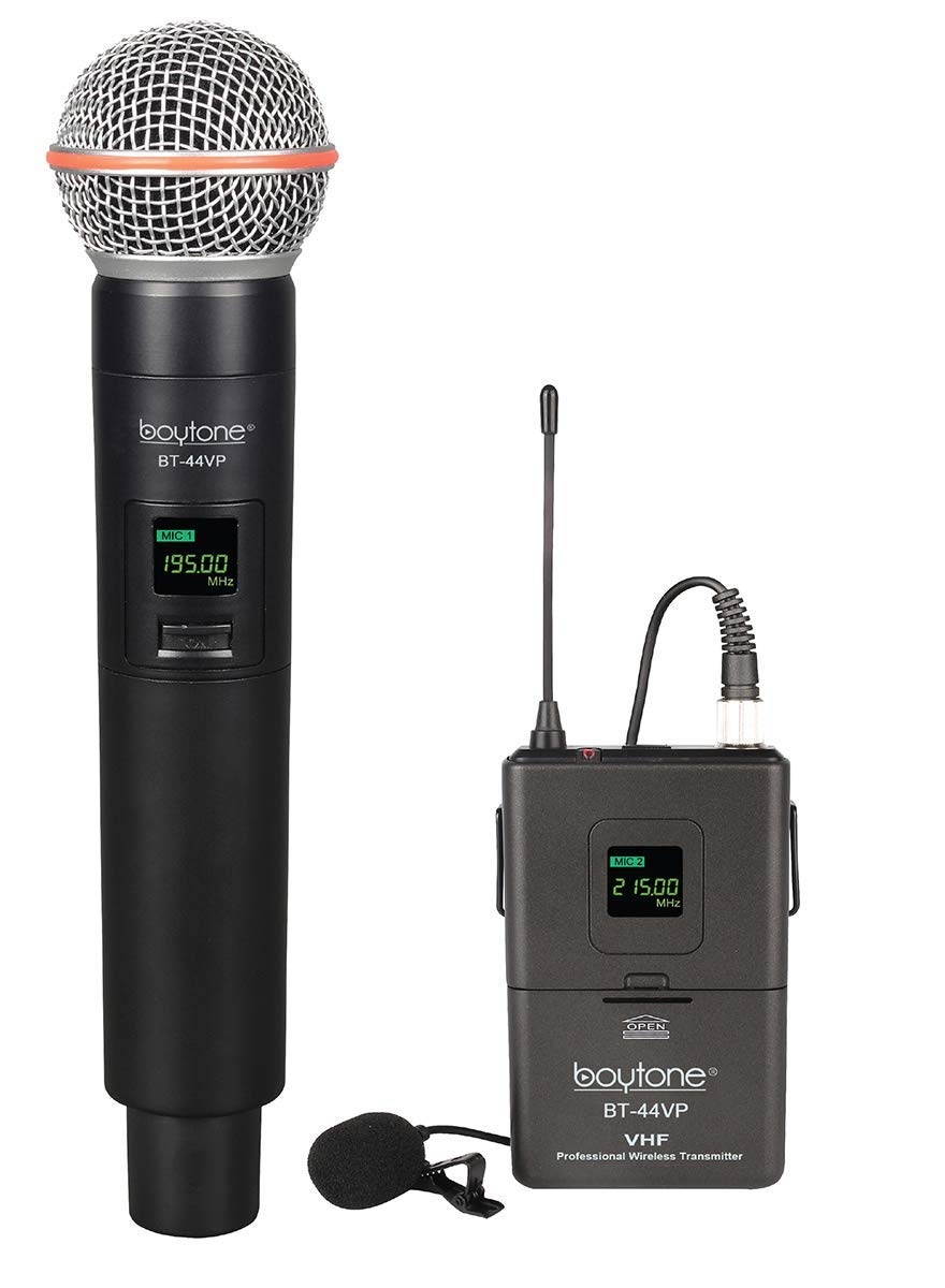 Boytone BT-44VP Dual Digital Channel Wireless Microphone plus Headset Mic Set System - VHF Fixed Frequency Wireless Mic