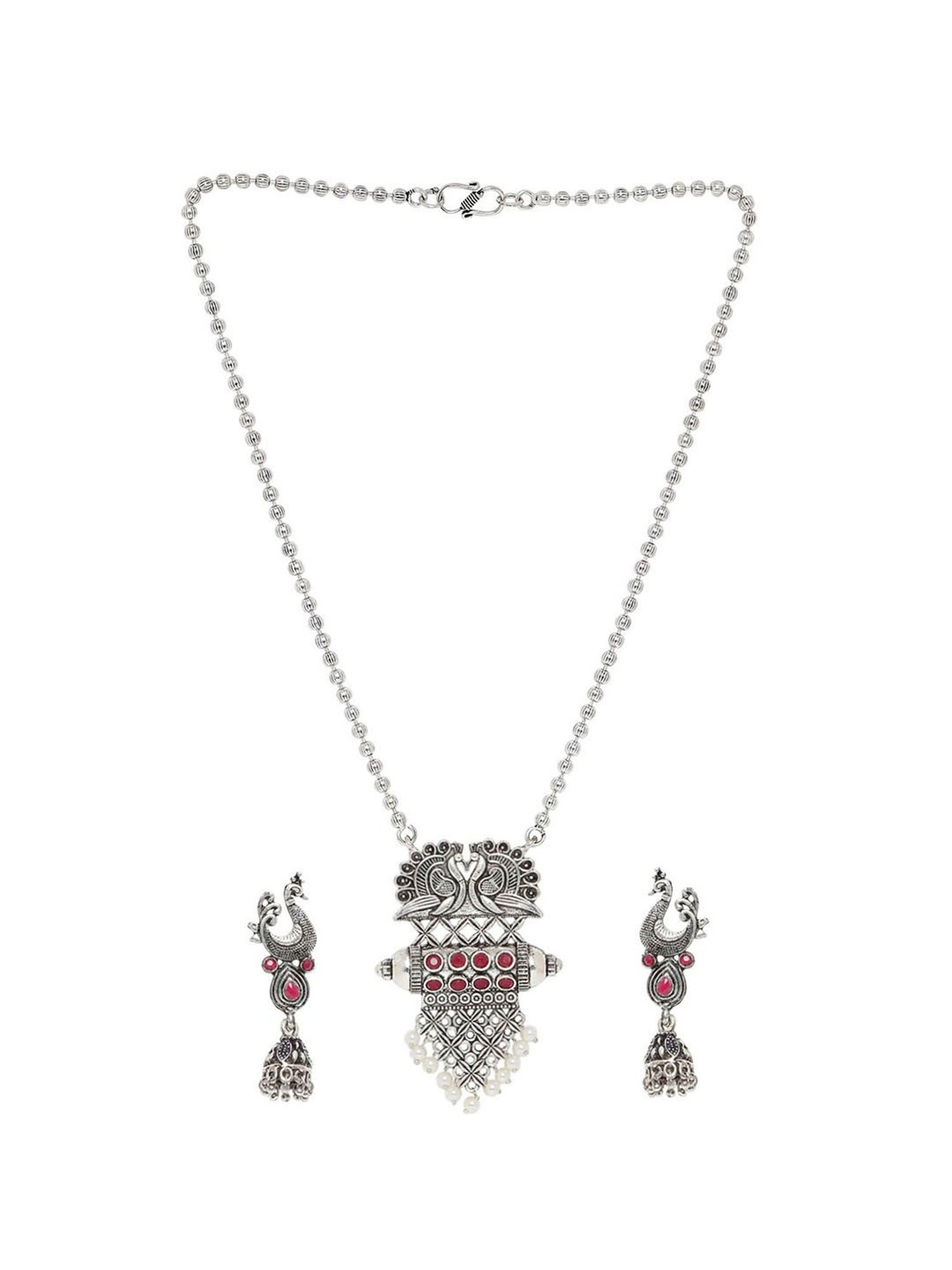 OOMPH Oxidized Silver Look Alike Maroon Stone Peacock Long Necklace Set with Drop Earrings