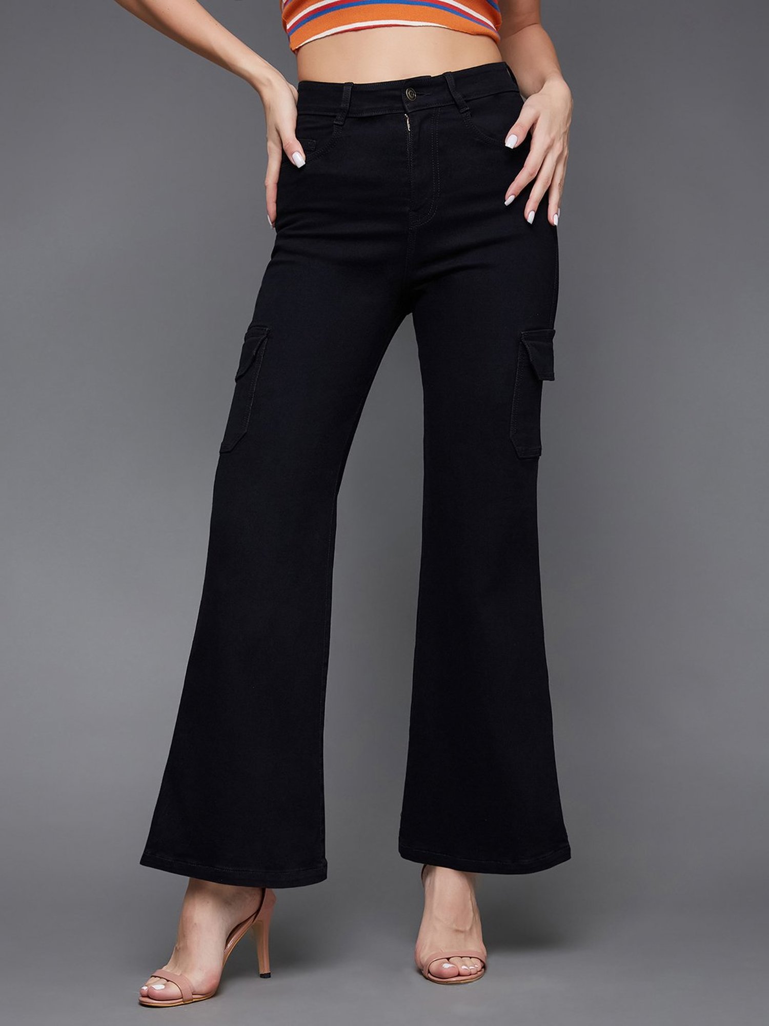 DOLCE CRUDO Black Denim Relaxed Fit High Rise Cargo Jeans
