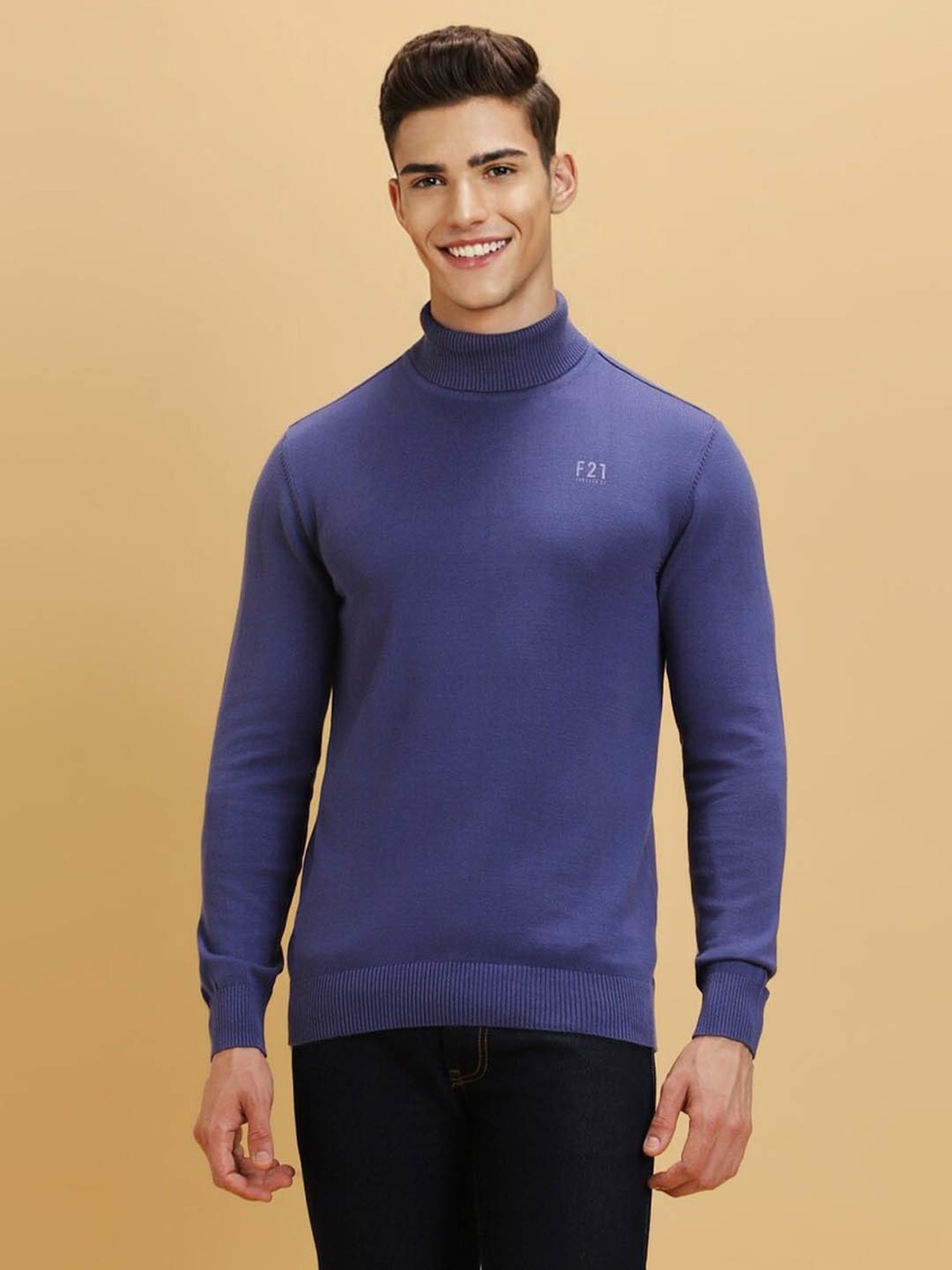 Forever 21 Blue Cotton Regular Fit Sweater