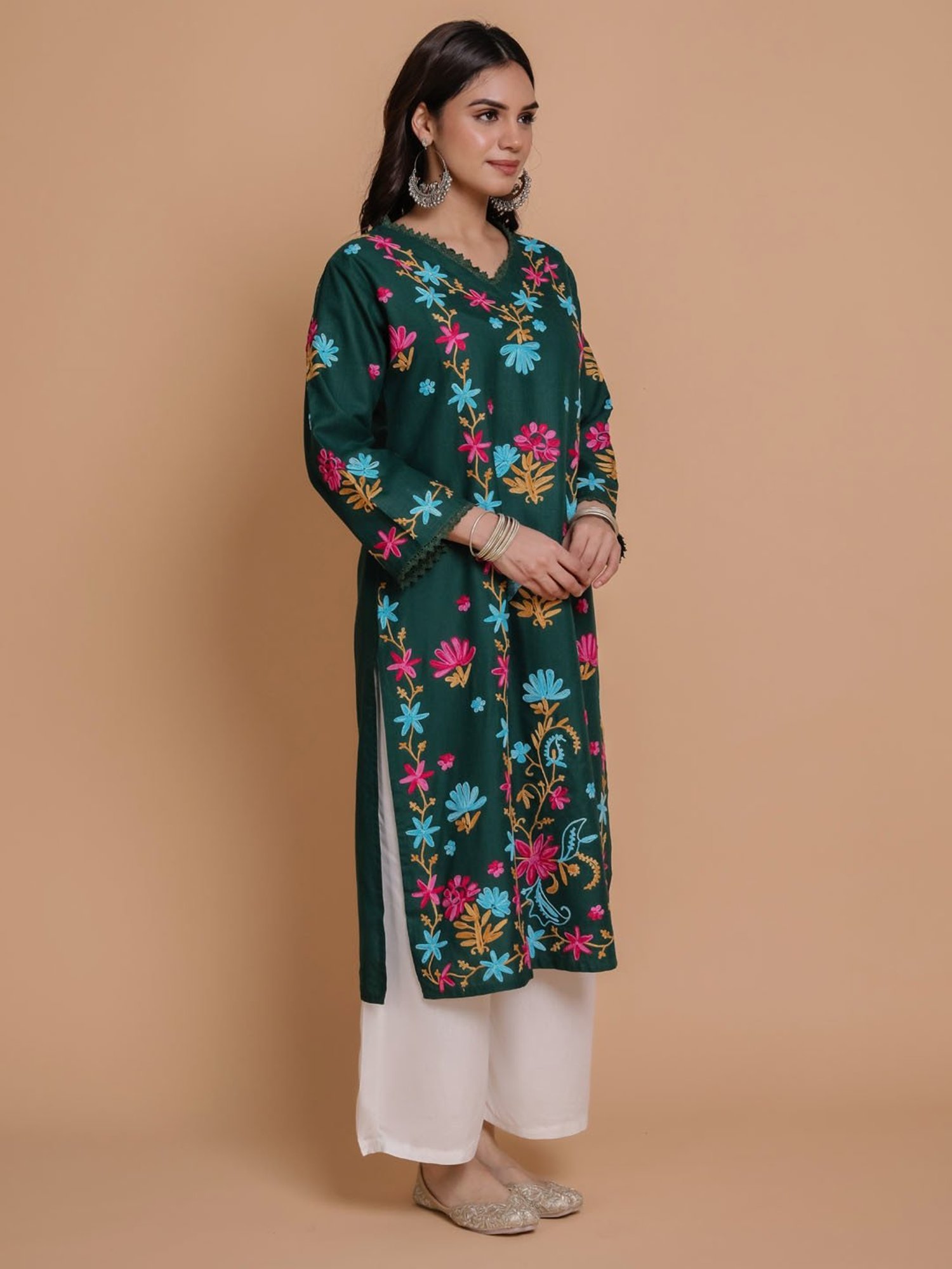 House of Kari Falak Kashmiri Long Kurta  Green