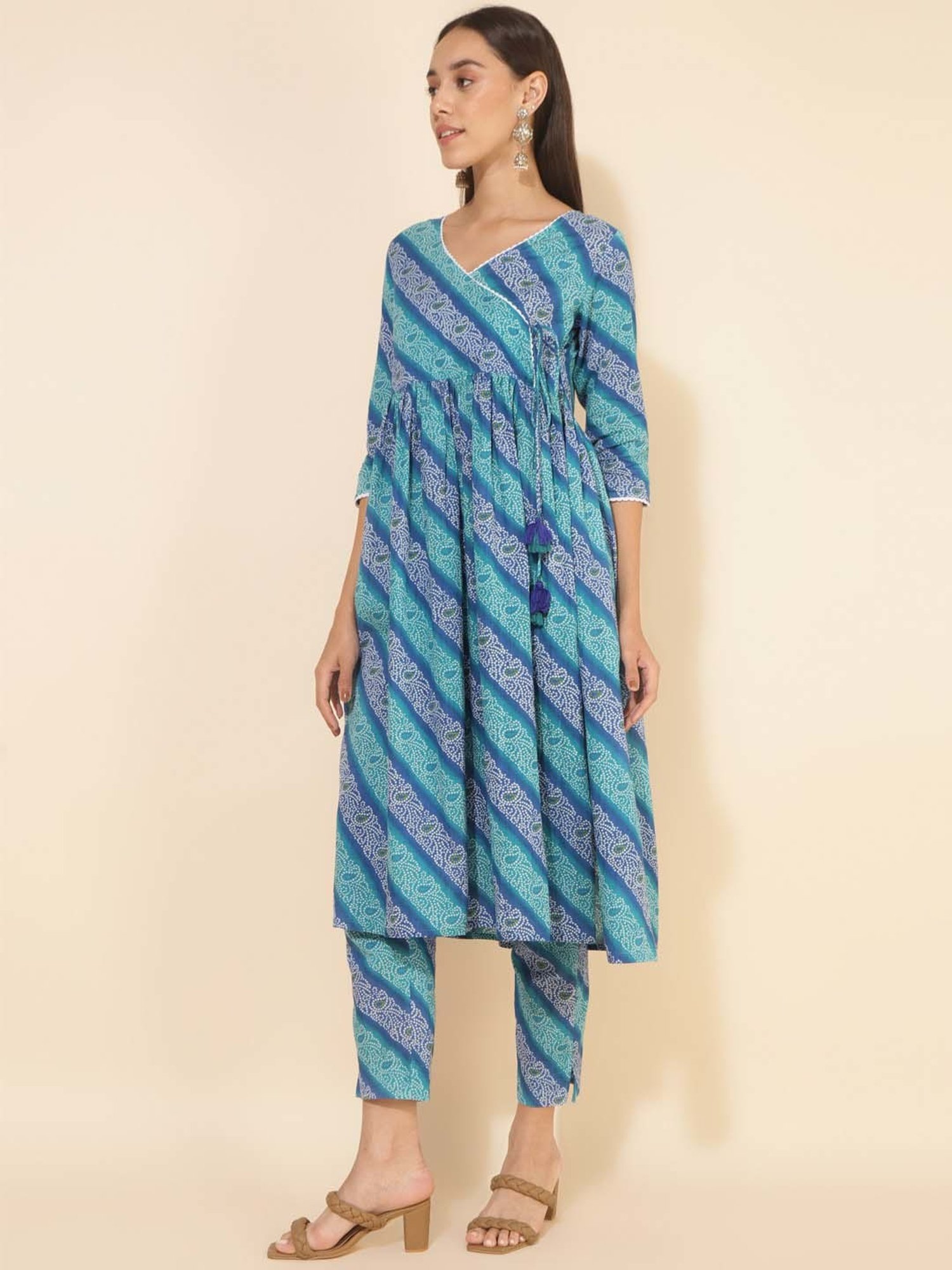 Janasya Blue Cotton Printed Kurta Pant Set