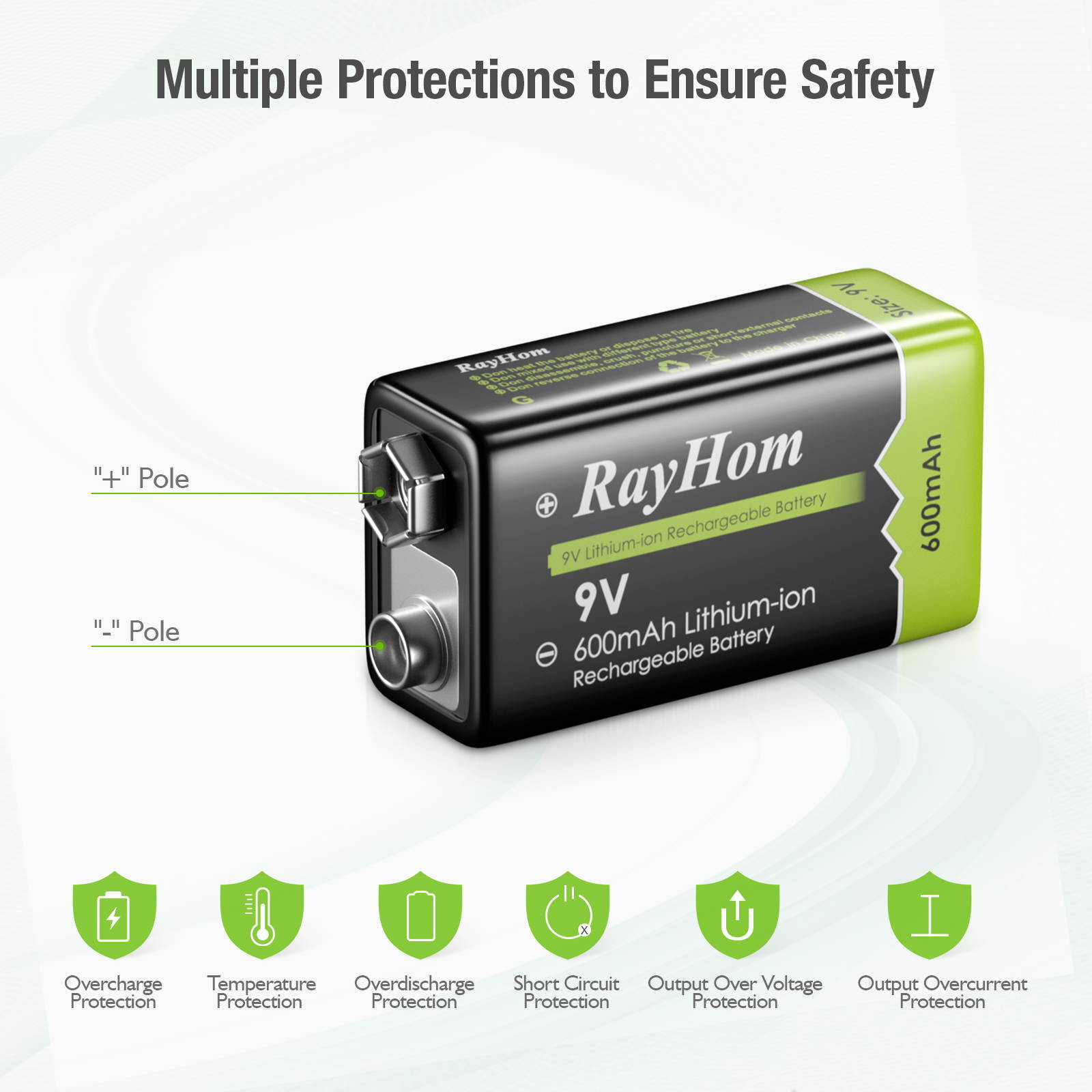 RayHom 9 Volt Rechargeable Batteries Lithium ion 9V 600mAh Li-ion Batteries (4-Pack)