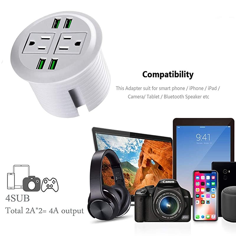 Power Grommet with USB,Recessed Power Socket with 2 AC Outlets and 4 USB Charging Ports. Desk Grommet Outlet 3 1/8in Hole,for Kitchen Table/Conference Room Outlet(White)