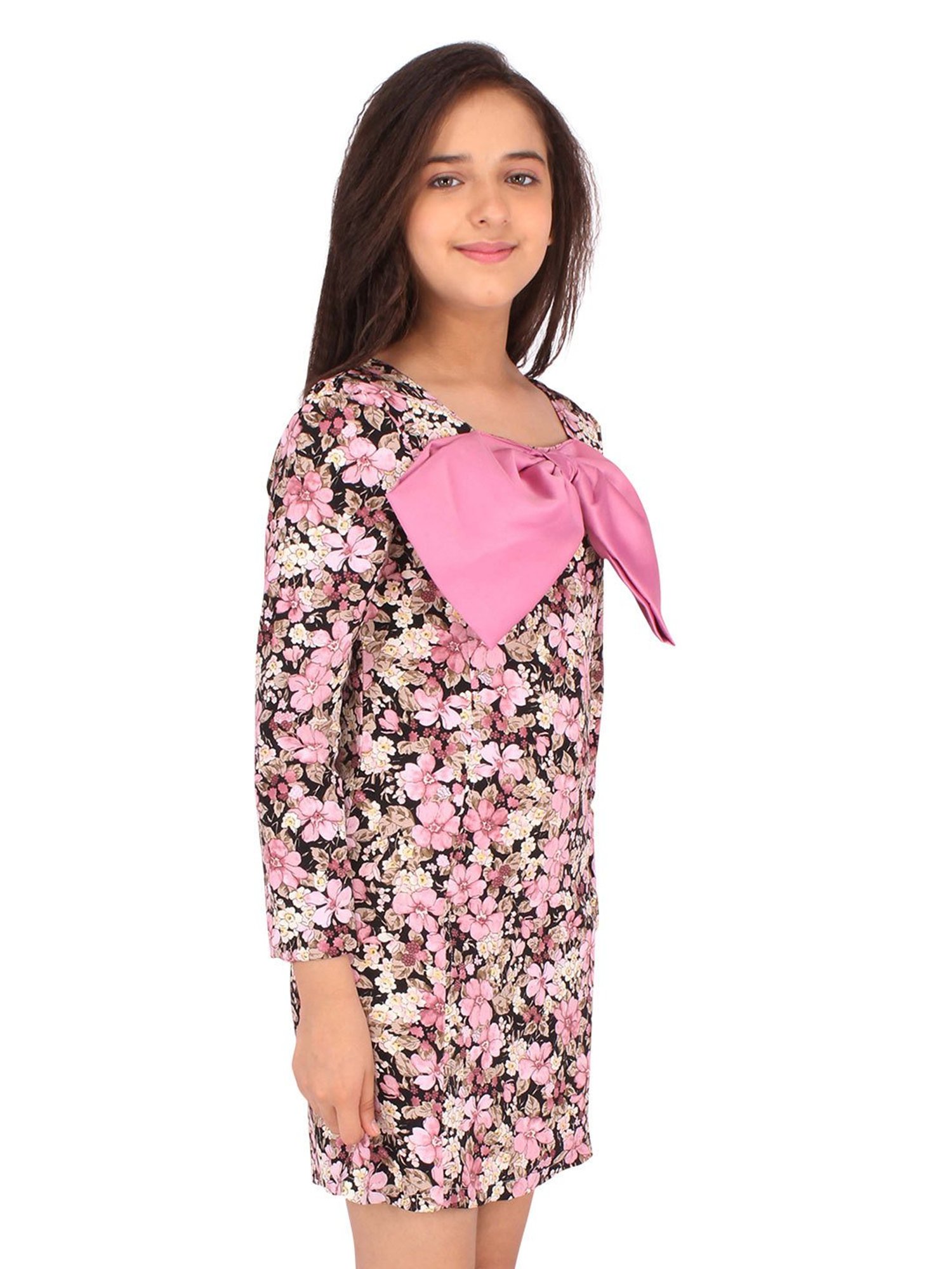 Cutecumber Kids Pink Floral Print Dress with Sling Bag