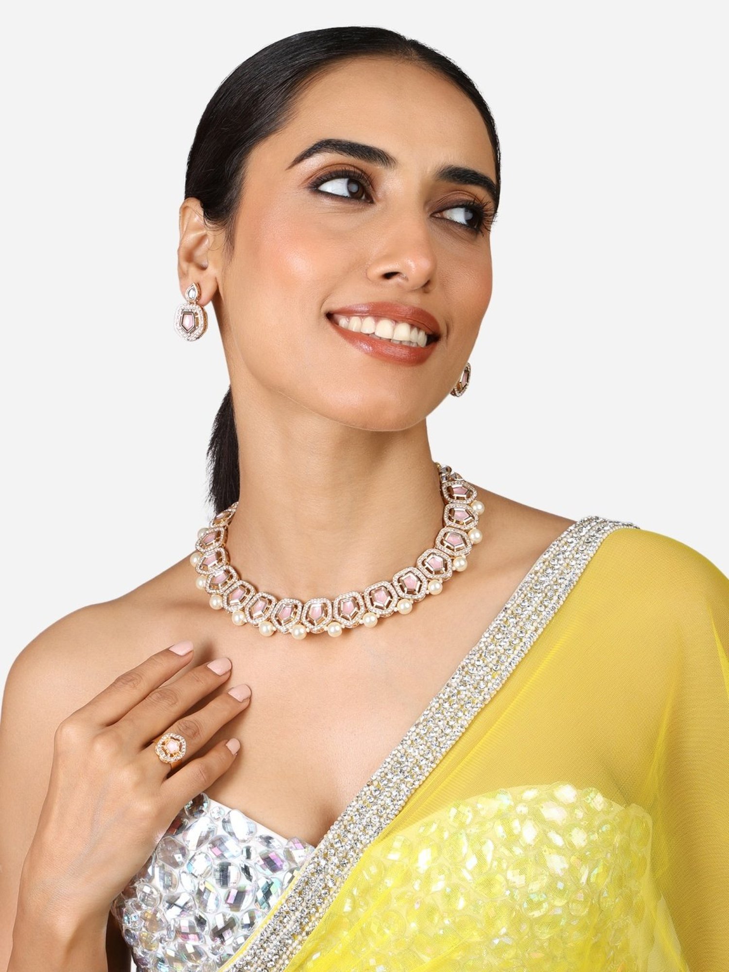 Zaveri Pearls Pink Stones Dazzling Austrian Diamonds Pearls Necklace Earring & Ring Set-ZPFK17286