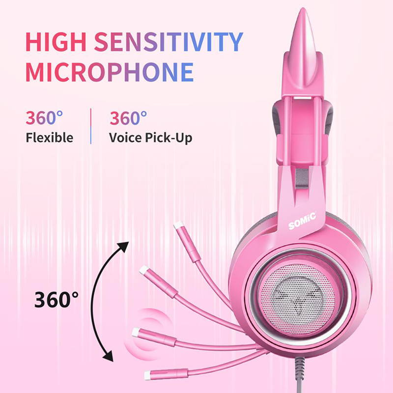 SOMIC Pink Stereo Gaming Headset with Mic for PS4, Xbox One, PC, Mobile Phone, 3.5MM Sound Detachable Cat Ear Headphones Lightweight Self-Adjusting Over Ear Headphones for Women