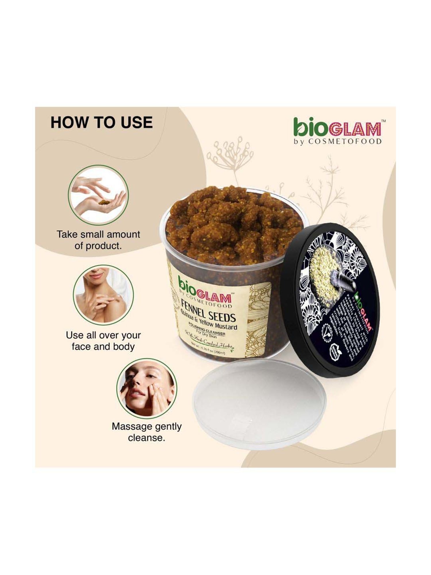 Cosmetofood Bioglam Fennel Seeds Quinoa & Yellow Mustard Polishing Cleanser For Dry Skin - 200 ml