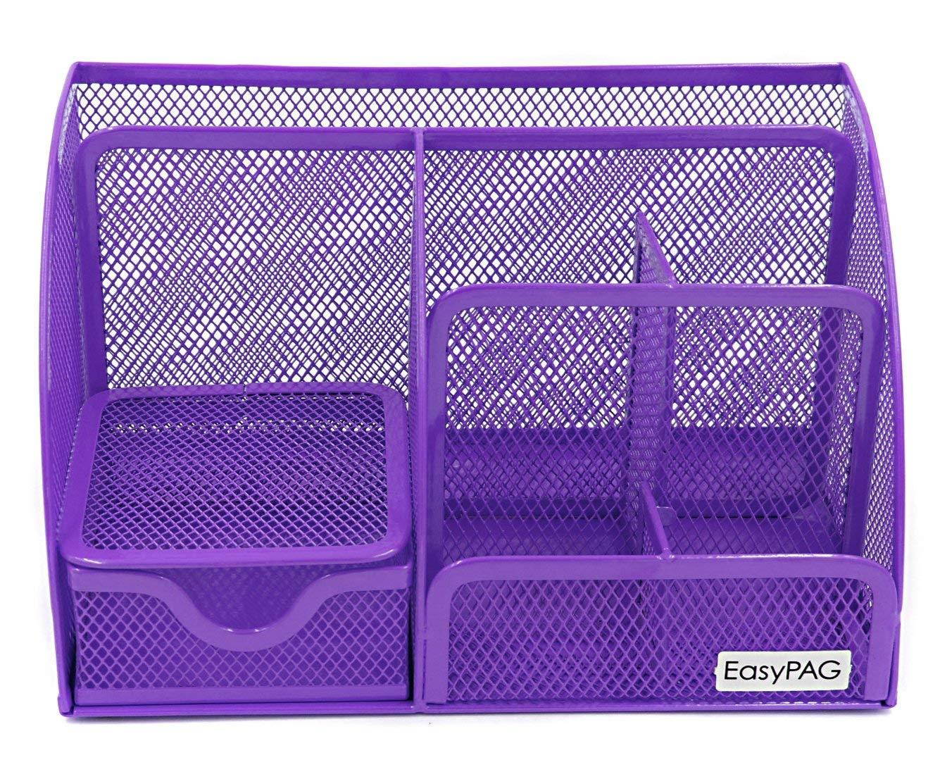 EasyPAG Mesh Desk Organizer Office Accessories Caddy 5 Compartments with Drawer,Purple