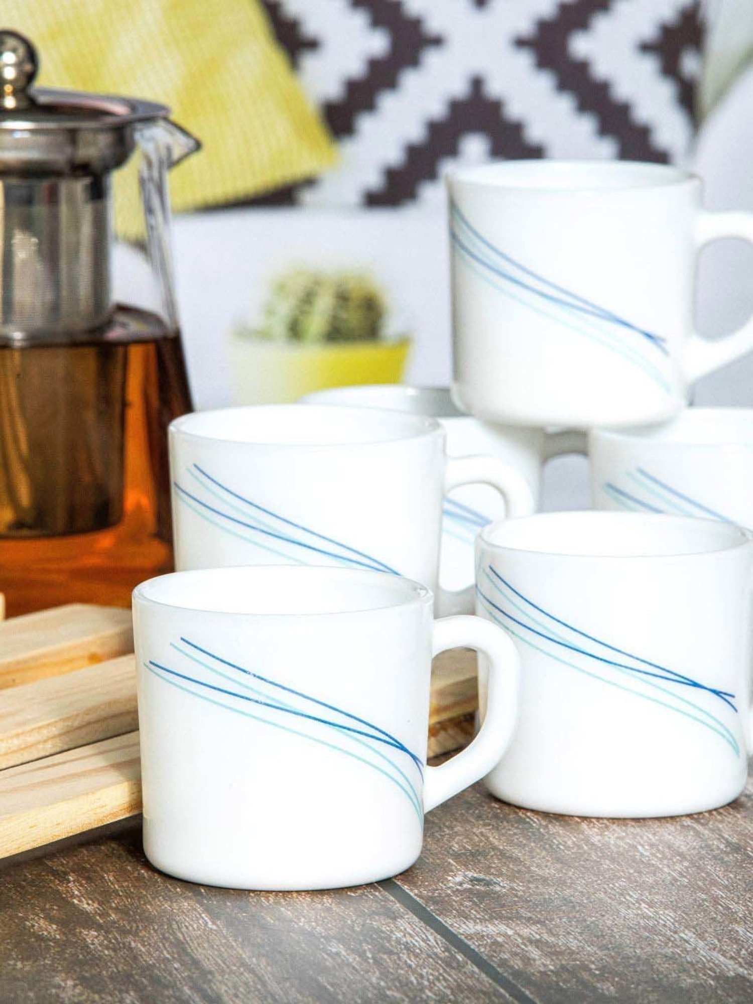 Cello White & Blue Glass Coffee Mug (0.1 L) - Set of 6