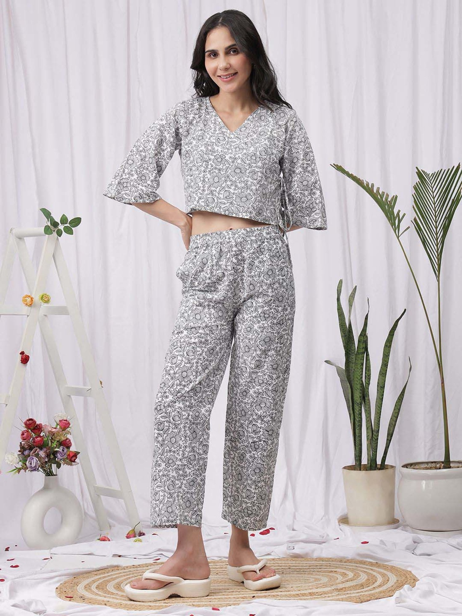 NEUDIS Black & White Cotton Printed Crop Top and Pant Set