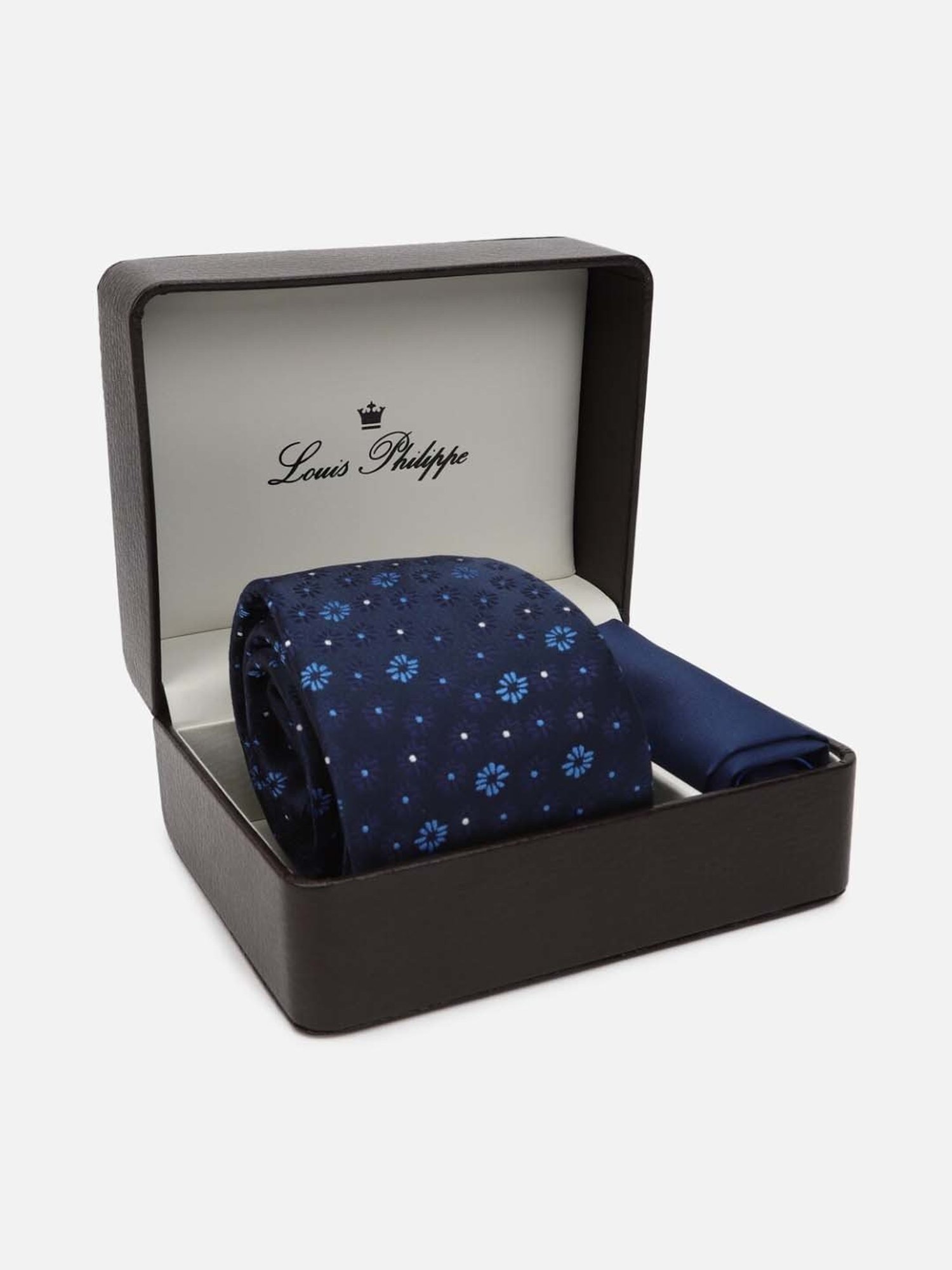 Louis Philippe Navy Printed Tie with Pocket Square