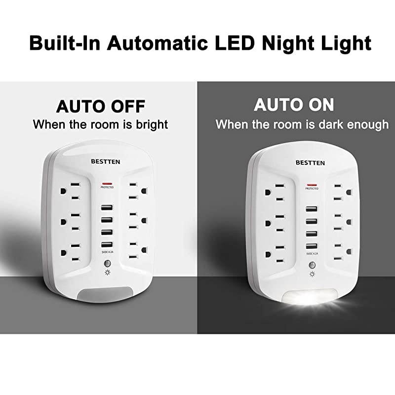 Wall Outlet USB Charger with LED Night Light and Surge Protector (1080 Joules), 4 USB Ports (5V/4.2A), 6 AC Outlets (15A/125V/1875W), Photocell Night Light, ETL Listed, White