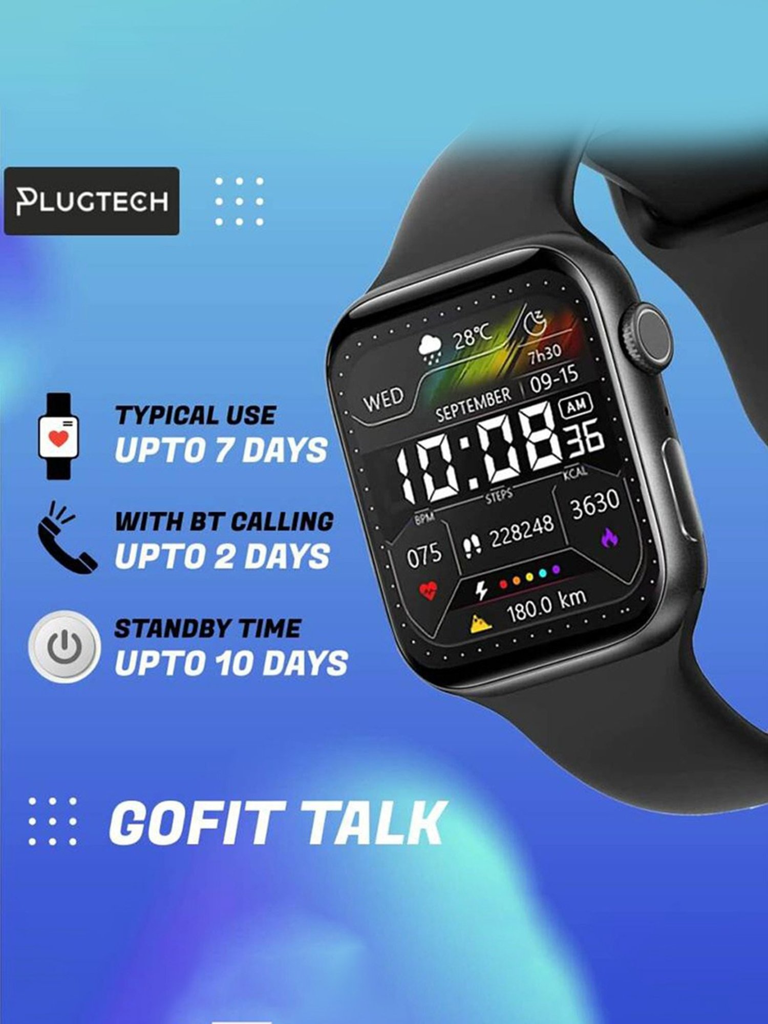 Plugtech GoFit Talk Smartwatch with Bluetooth Calling (Black)
