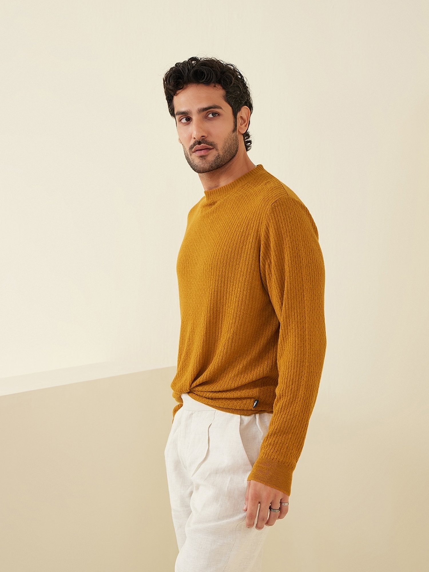 Andamen Mustard Regular Fit Structure Pullover