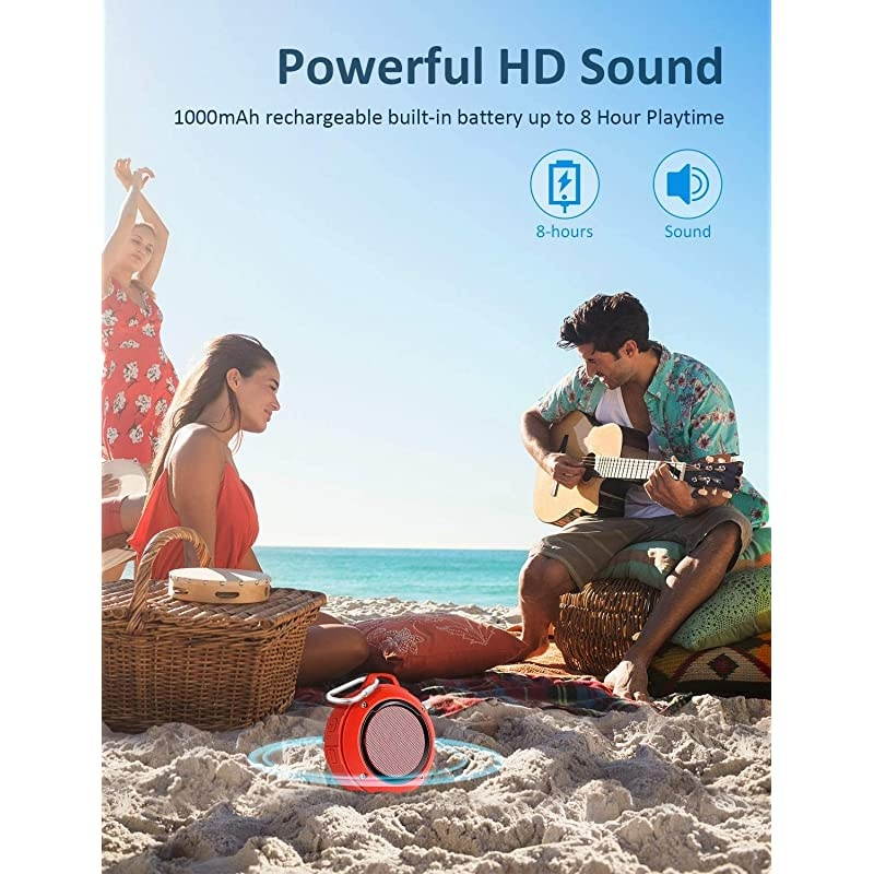 Outdoor Waterproof Bluetooth Speaker, Wireless Portable Mini Shower Travel Speaker with Subwoofer, Enhanced Bass, Built in Mic for Sports, Pool, Beach, Hiking, Camping (Red)