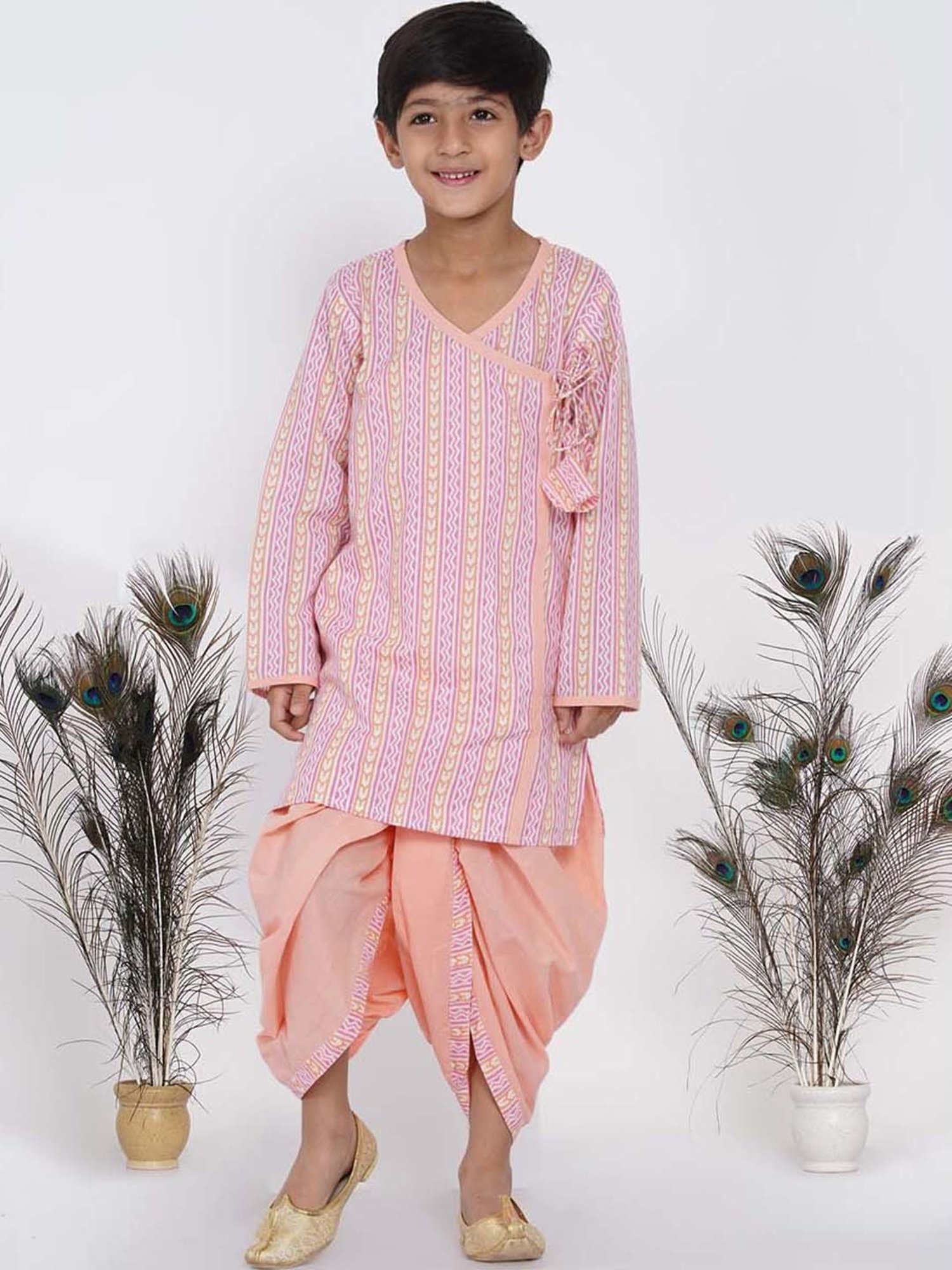 Little Bansi Kids Pink & Orange Cotton Printed Kurta Set
