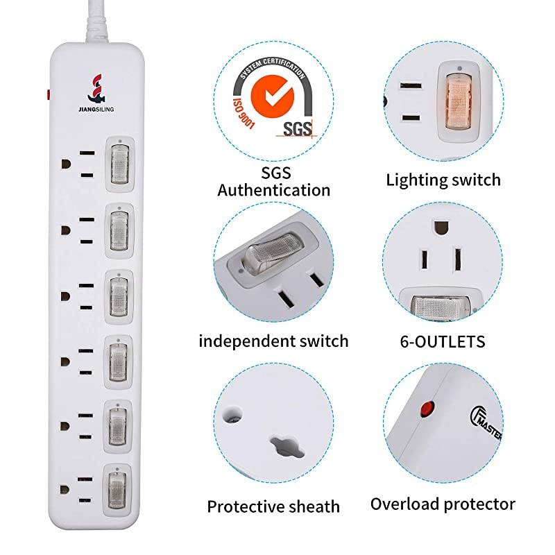 Protector Power Strip 6 ft Extension Cord 14AWG Straight Wire Plug Independent switches 125V15A Hanging Hole SGS CertificationWhite