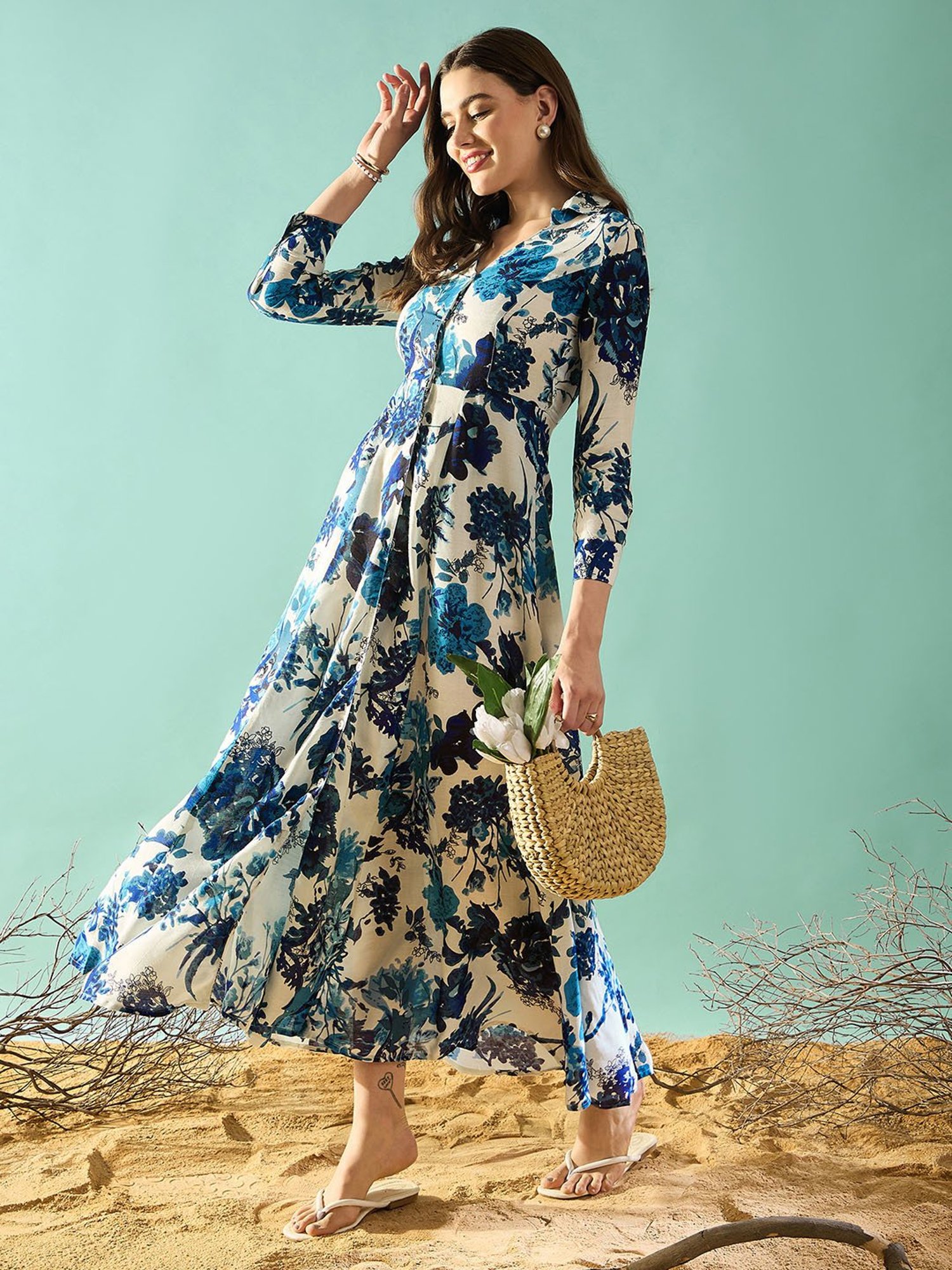 PANIT Blue Floral Print Ethnic Dress