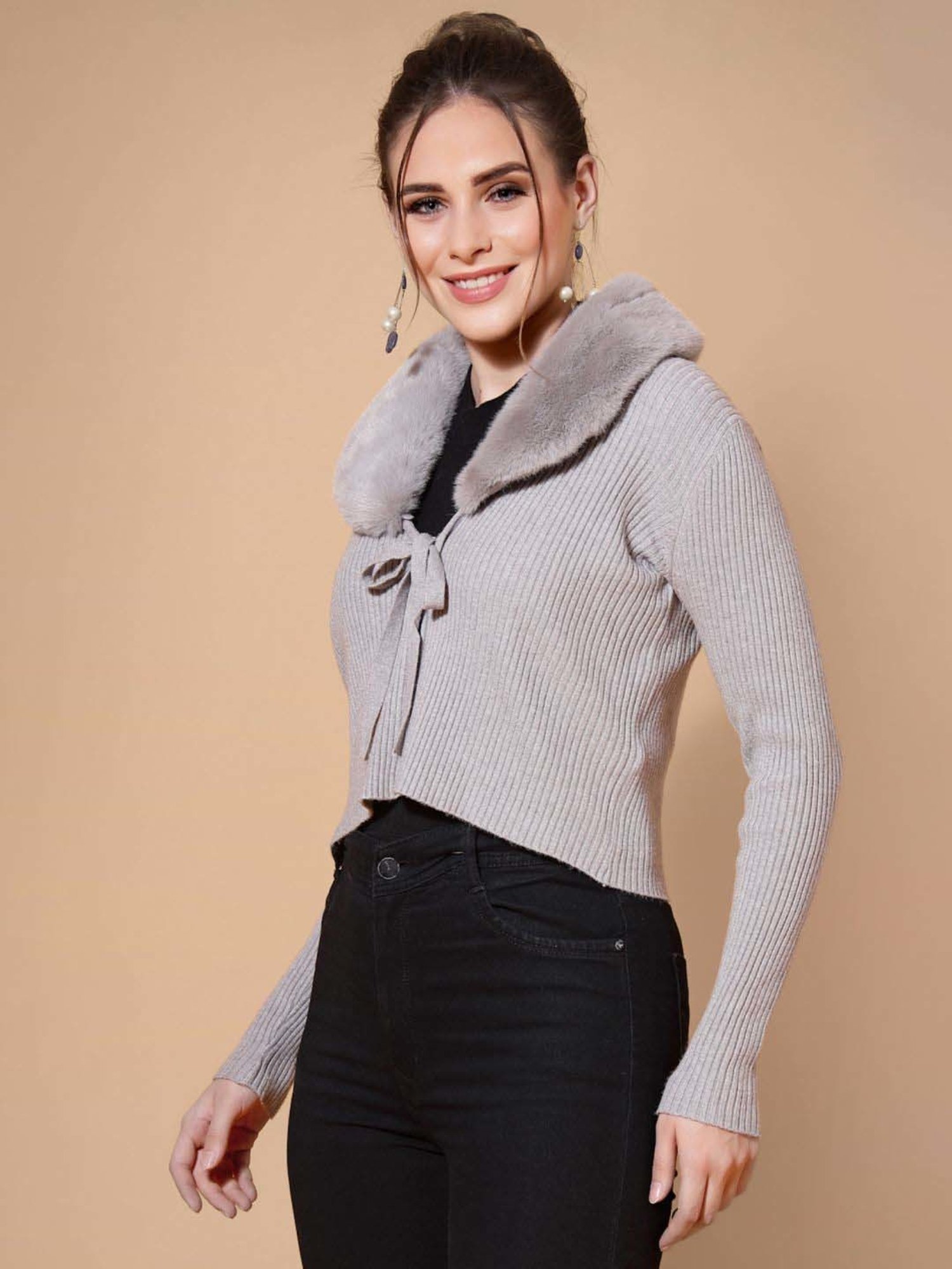 Mafadeny Grey Plain Cropped Cardigan