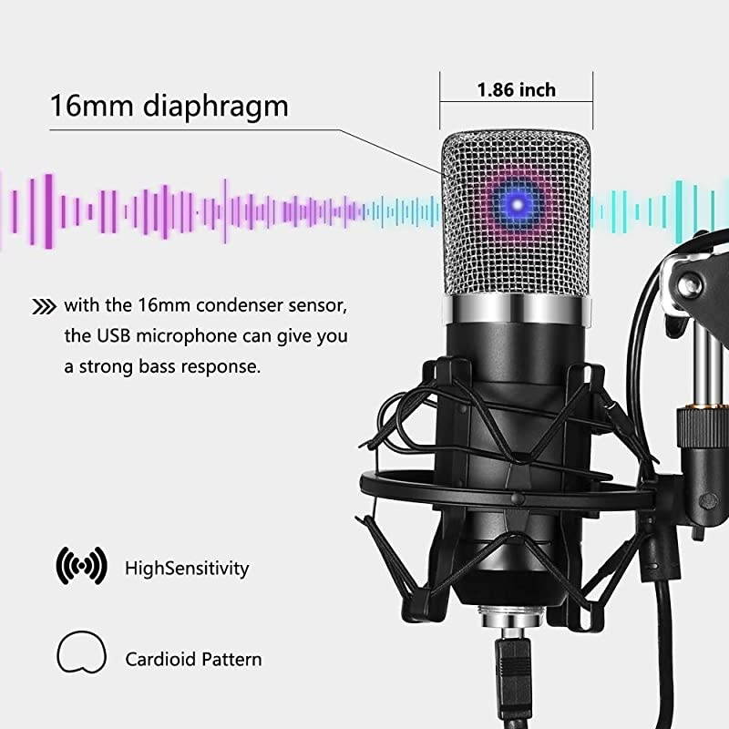 USB Streaming Podcast PC Microphone Professional Studio Cardioid Condenser Mic Kit with Sound Card Boom Arm Shock Mount Pop Filter for Skype Youtuber Gaming Recording