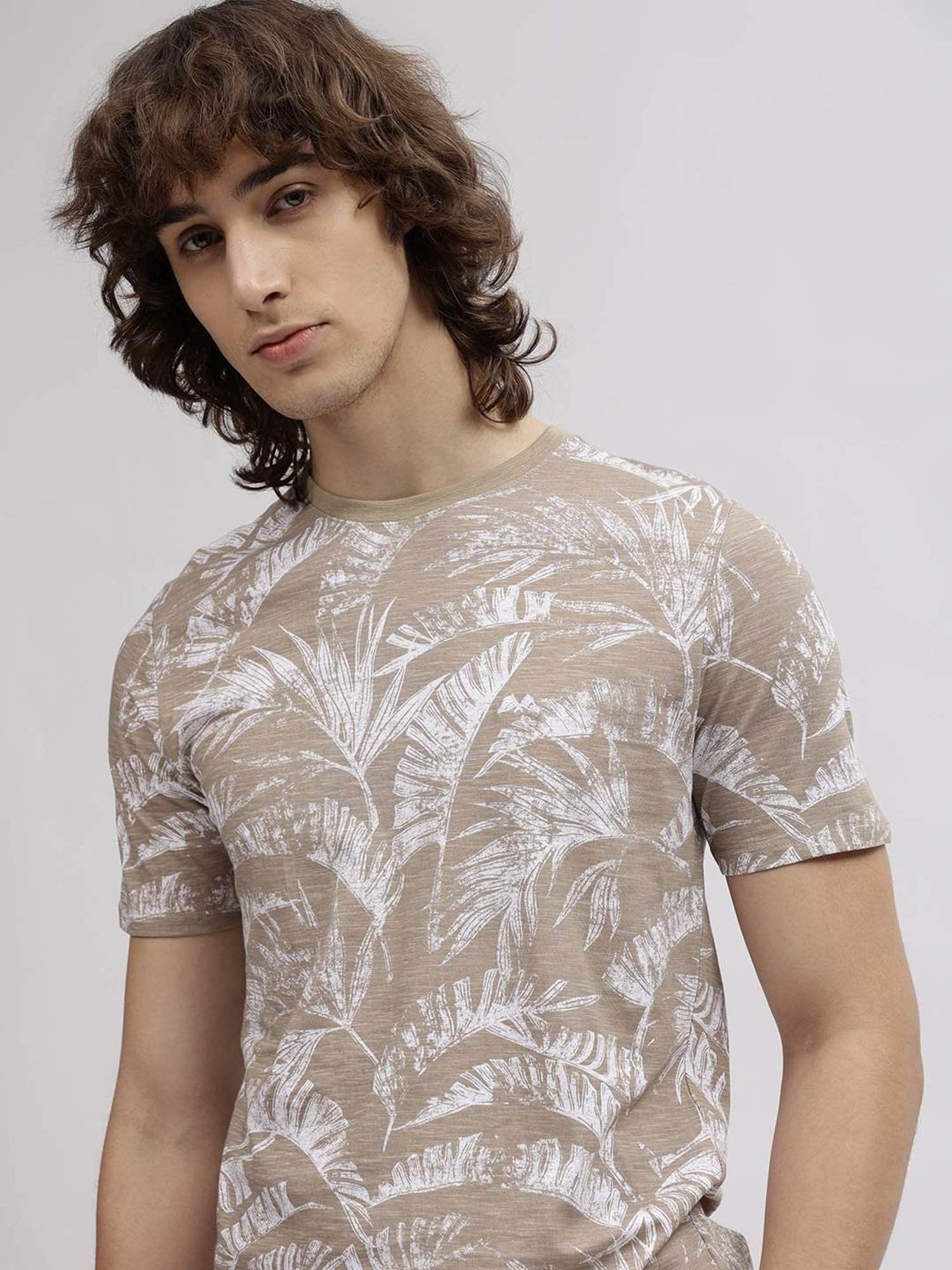 Lindbergh Brown Cotton Regular Fit Printed T-Shirt