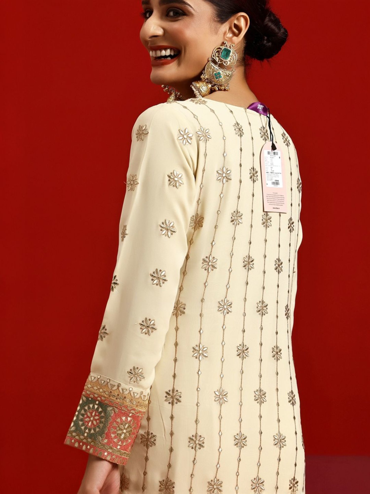 Libas Art Beige Embroidered Kurta Palazzo Set With Dupatta