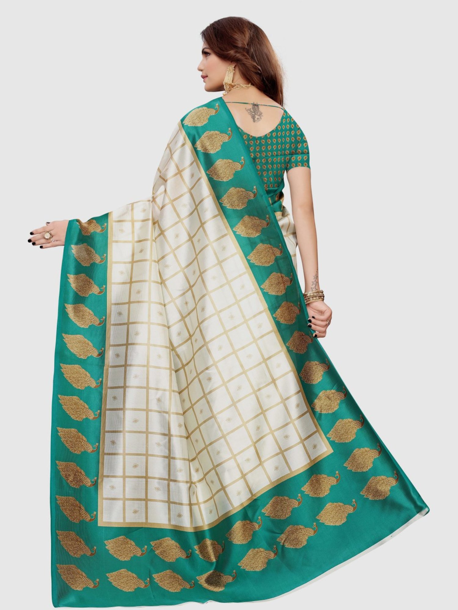 KSUT Off-White & Turquoise Printed Saree With Blouse