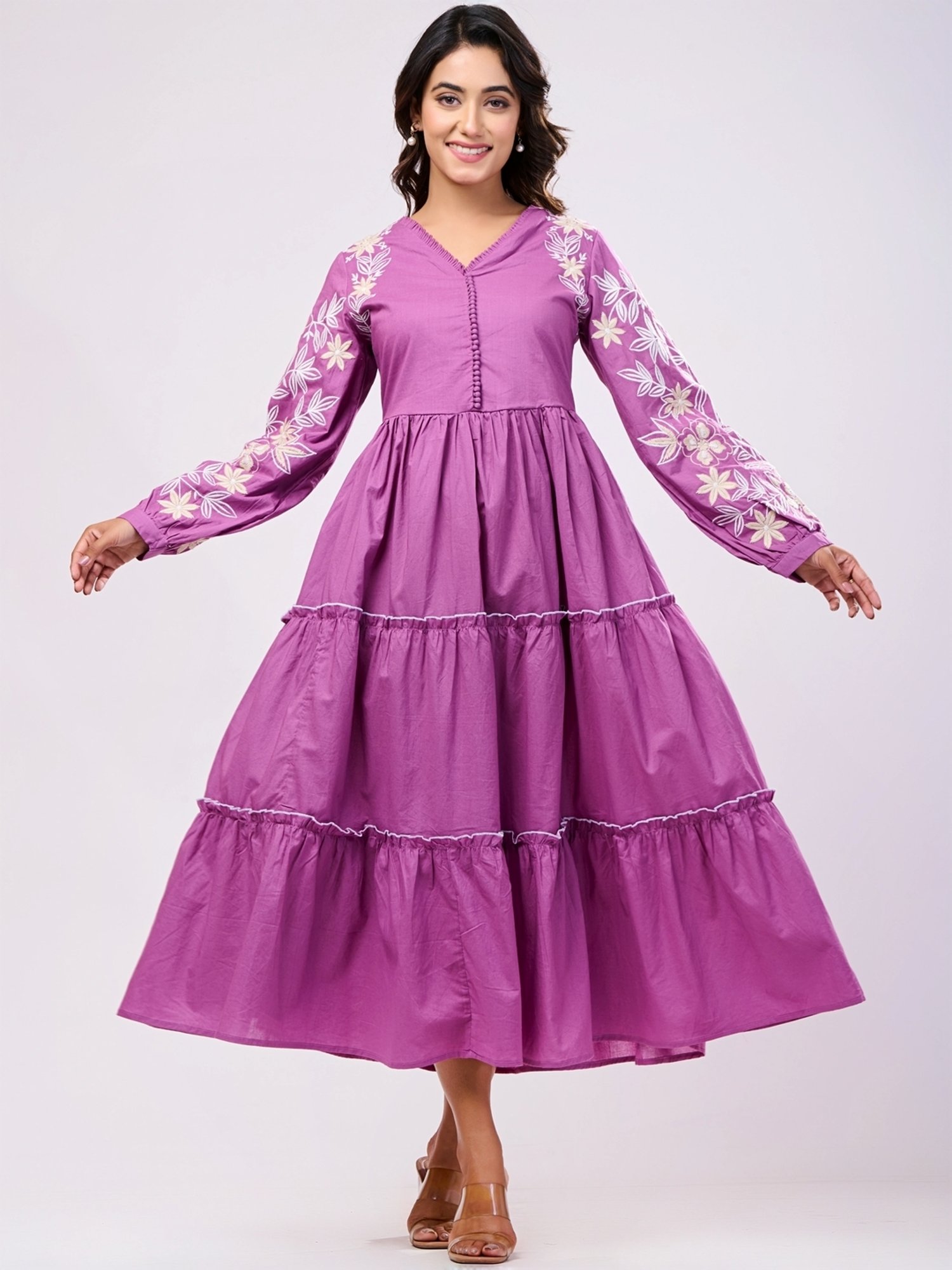 Zolo Label Purple Cotton Embroidered A-Line Dress