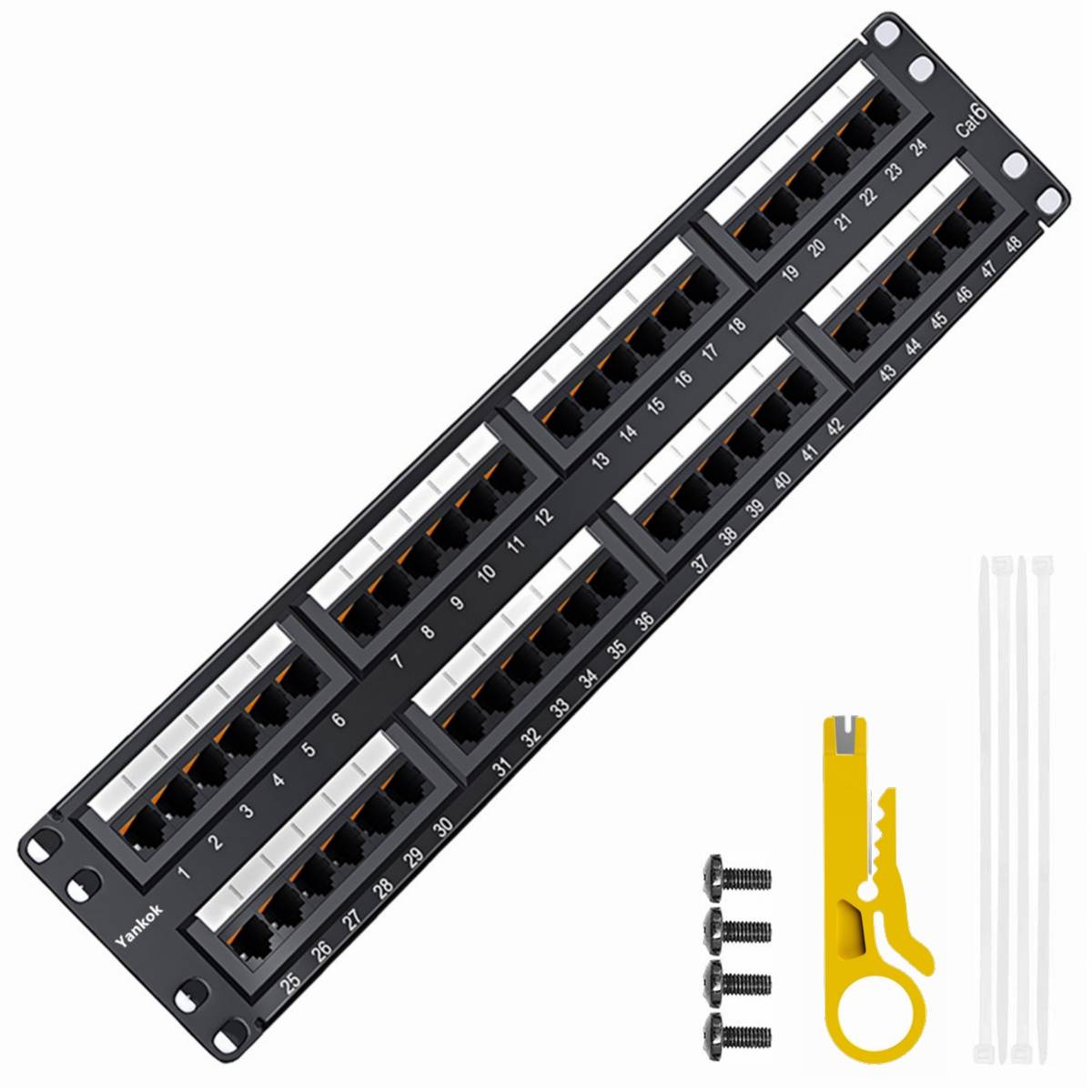 Yankok [Cat6 48 Port Patch Panel] Unshielded 19in.x2U Supports Cat5/5e Ethernet 568A/B Coded for RJ45 Network Rack/Wall Mount (Includes 1x Mini Cable Stripper Cutter, 4x Cable Ties, 4x Mount Screws)