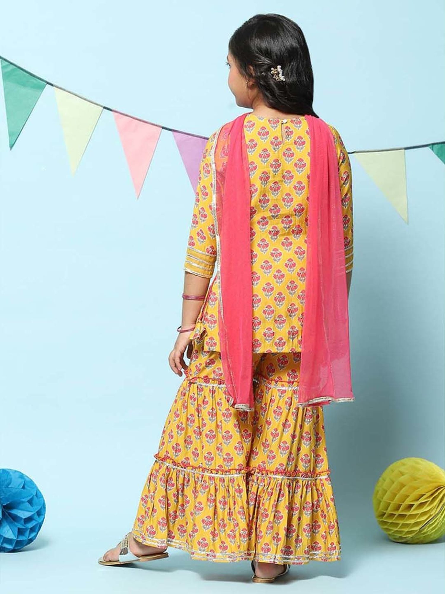 BIBA Girls Kids Yellow & Pink Floral Print Kurta Set