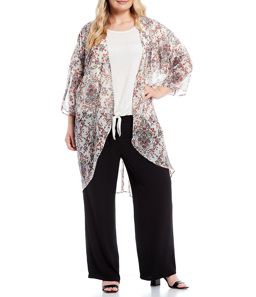 I.N. Studio Plus Size Medallion Floral Print Chiffon Open-Front Kimono