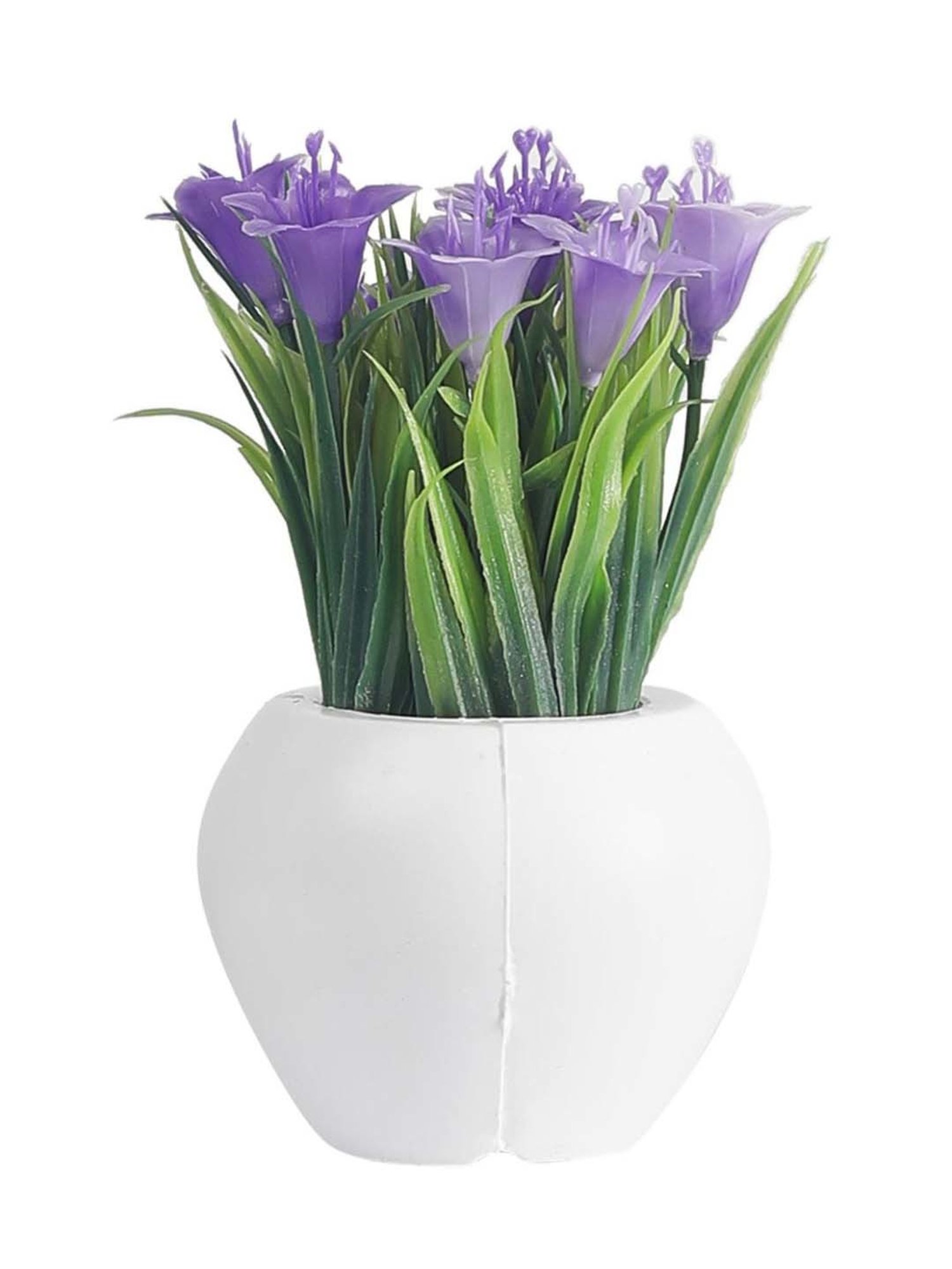 Foliyaj White & Purple Plastic Artificial Mini Lily Plant With Thin Long Leaves - Set of 2