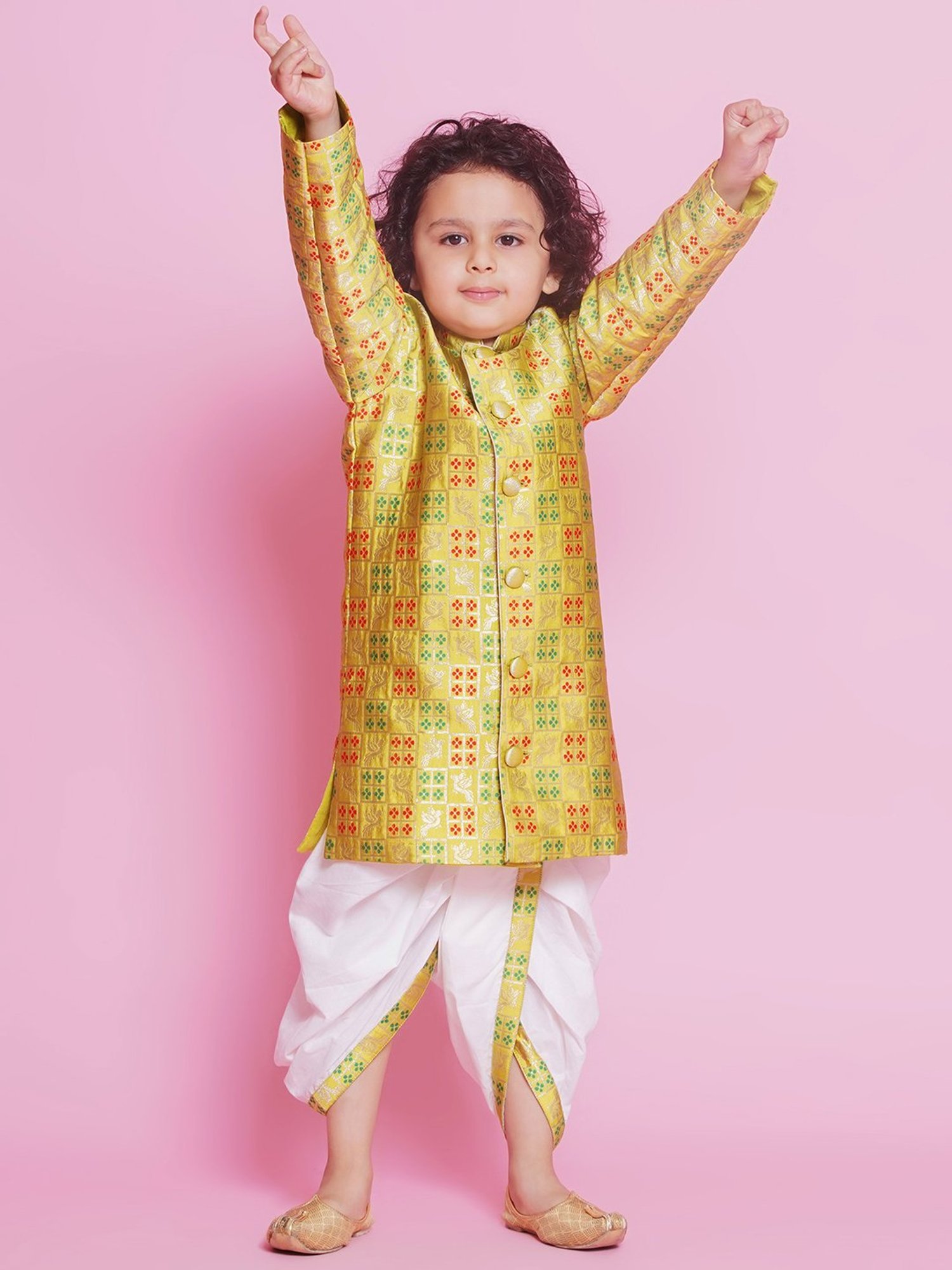 Little Bansi Kids Green & White Self Design Full Sleeves Sherwani with Dhoti