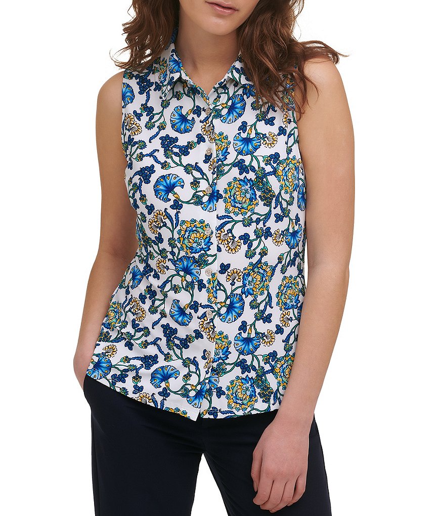 Tommy Hilfiger Floral Print Matte Jersey Point Collar Sleeveless Button Front Top