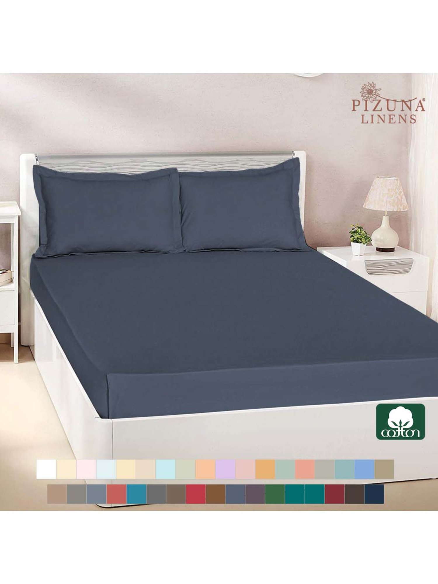 Pizuna 400TC 100% Cotton Dark Blue Flat Bed Sheet Super King Size With 2 Pillow Cover