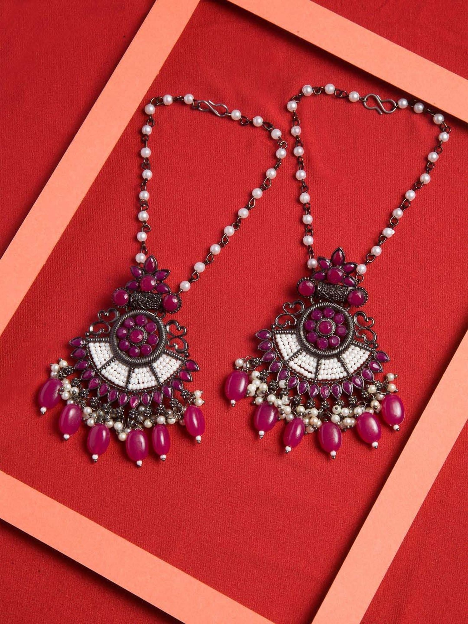 Panash Oxidised Silver-Toned & Pink Crescent Shaped Dangler Earrings