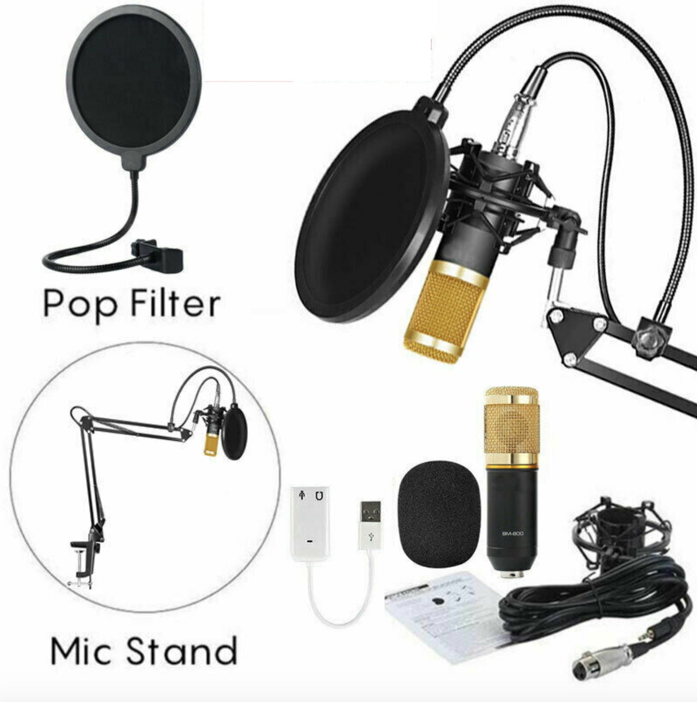 gold--BM800 Professional Suspension Microphone Kit Studio Live Stream Broadcasting Recording Condenser Microphone Set
