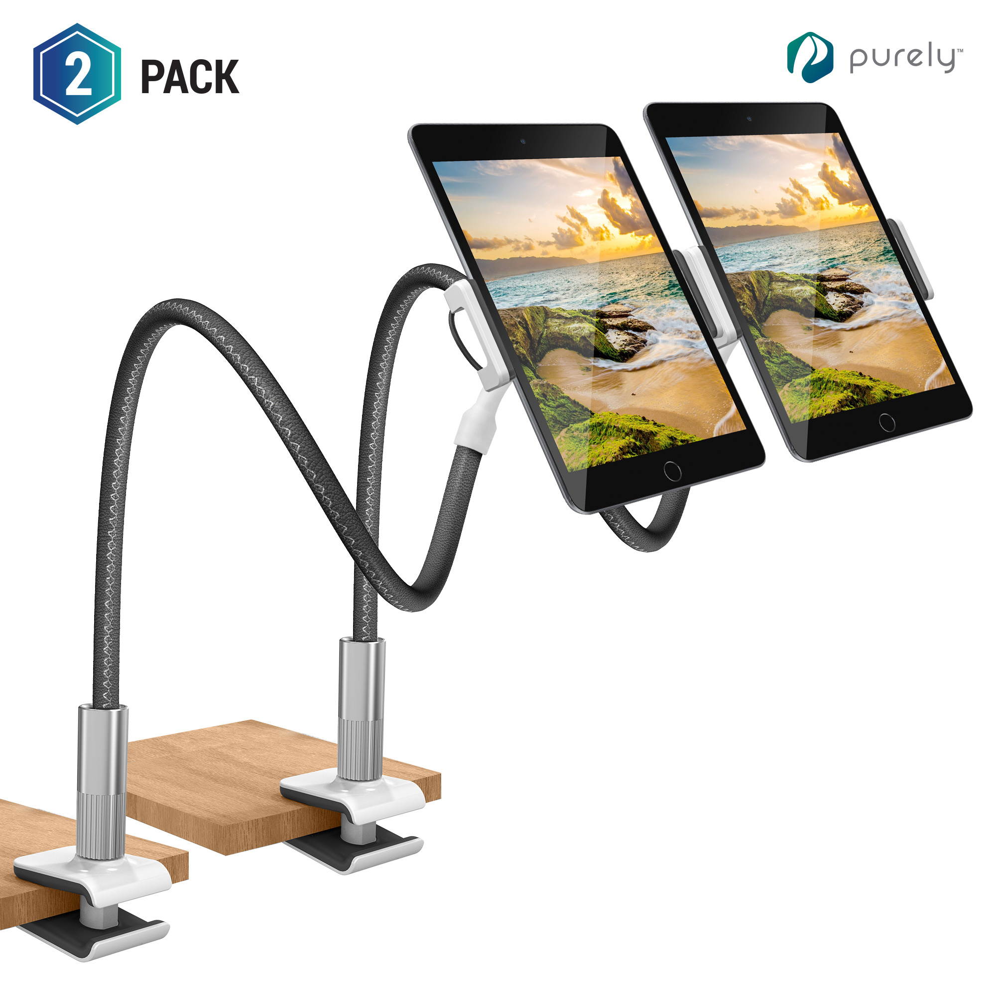 Purely Gooseneck Phone and Tablet Holder Deluxe | 39&rdquo; Flexible Arm with Clip Mount 4" to 12.9" Devices - Compatible with iPad Pro, Mini & Samsung Galaxy Tab - Desk, Bedside, Headboard Stand