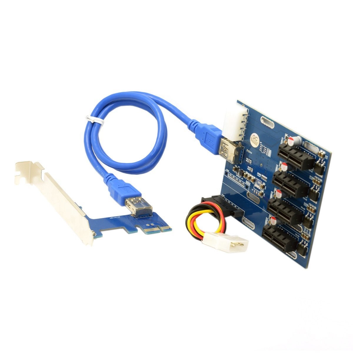 PCI-e Express 1x to 4 Port 1x Switch Multiplier Splitter Hub Riser Card with USB 3.0 Cable