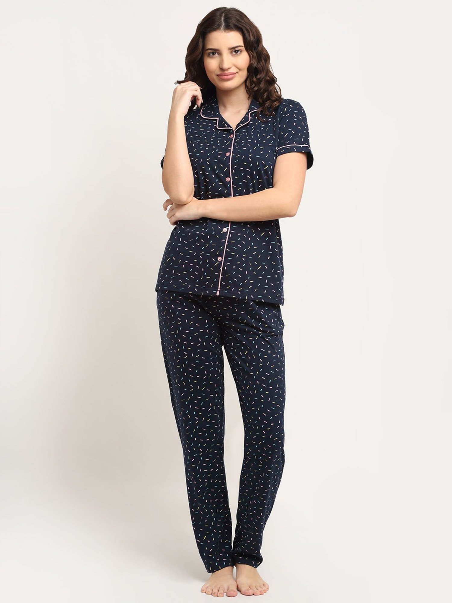 Kanvin Navy Blue Printed Shirt with Pyajmas