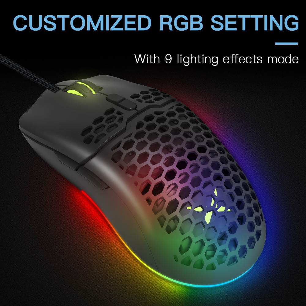 DELUX Lightweight Gaming Mouse(2.36g/67g) with Lightweight Honeycomb Shell Design, Ultralight Ultraweave Cable and 7 Programmable Buttons, 16000 DPI RGB Optical Mice (M700BU(3389)-Black)